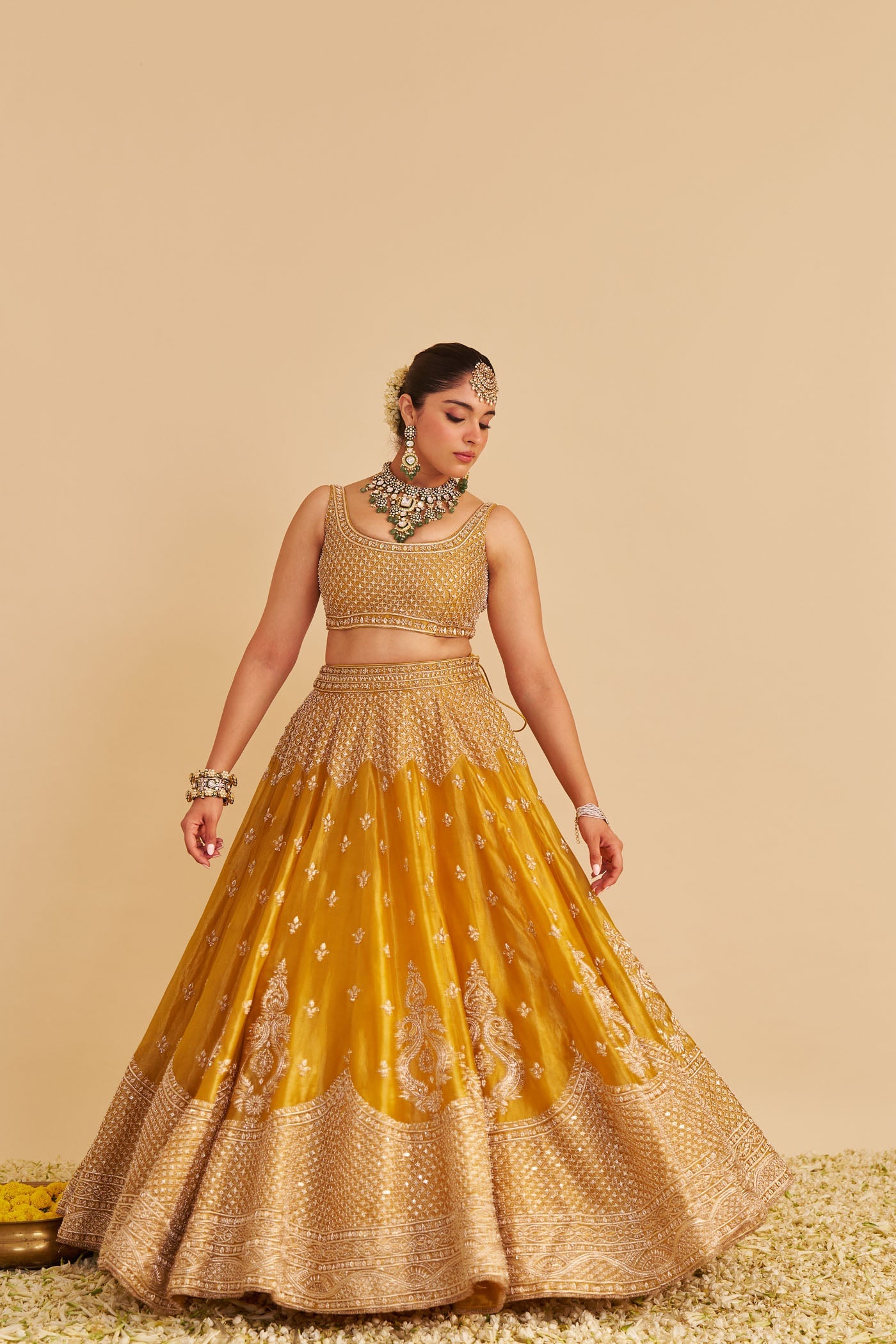 Aashina - Dabka Zardozi Embroidered Pure Tissue Mustard Gold Lehenga Set