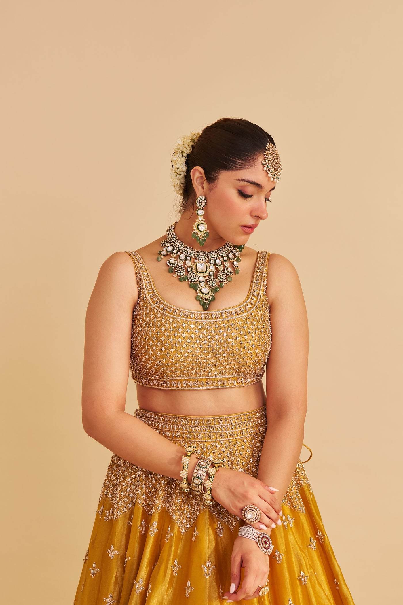 Aashina - Dabka Zardozi Embroidered Pure Tissue Mustard Gold Lehenga Set