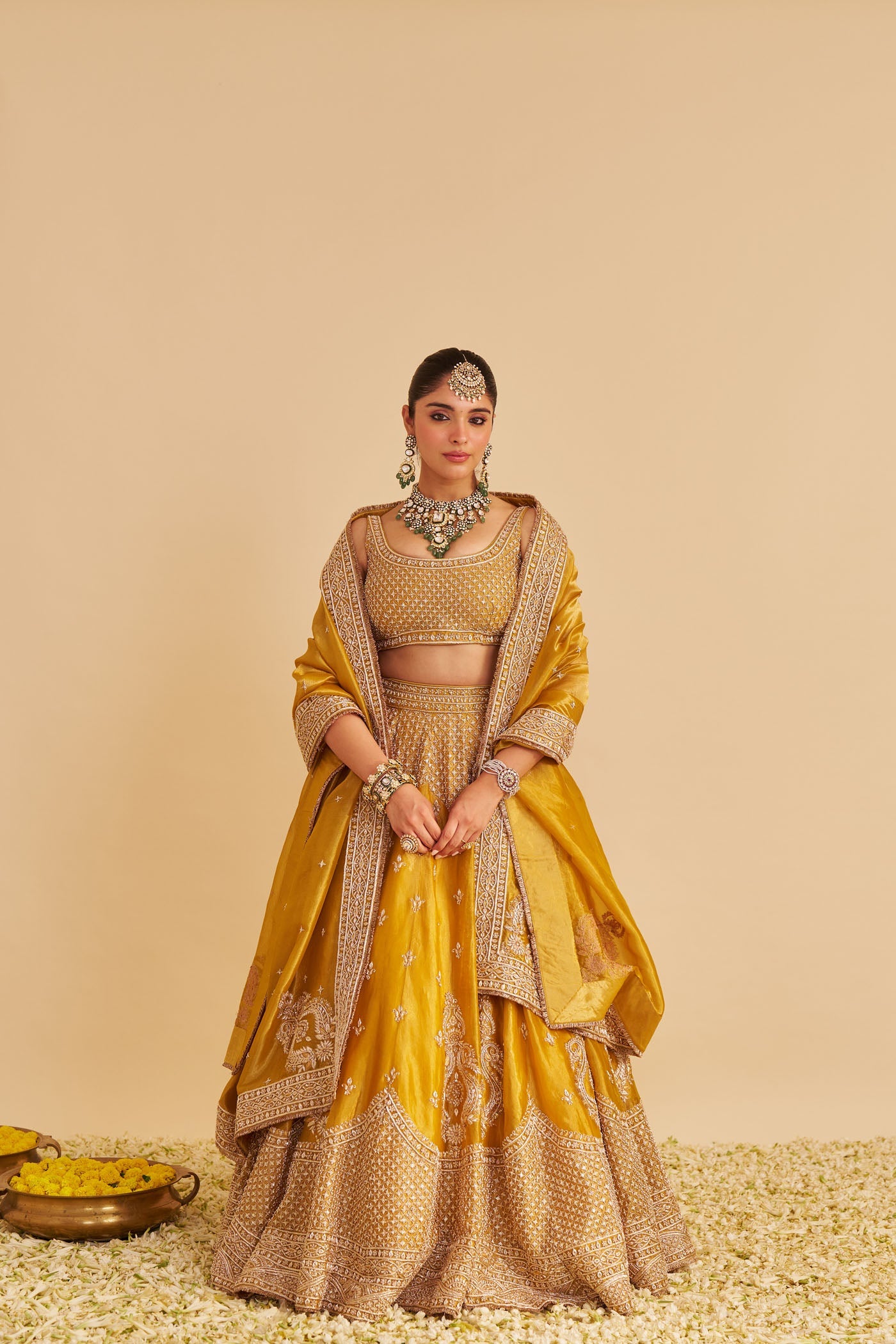 Aashina - Dabka Zardozi Embroidered Pure Tissue Mustard Gold Lehenga Set
