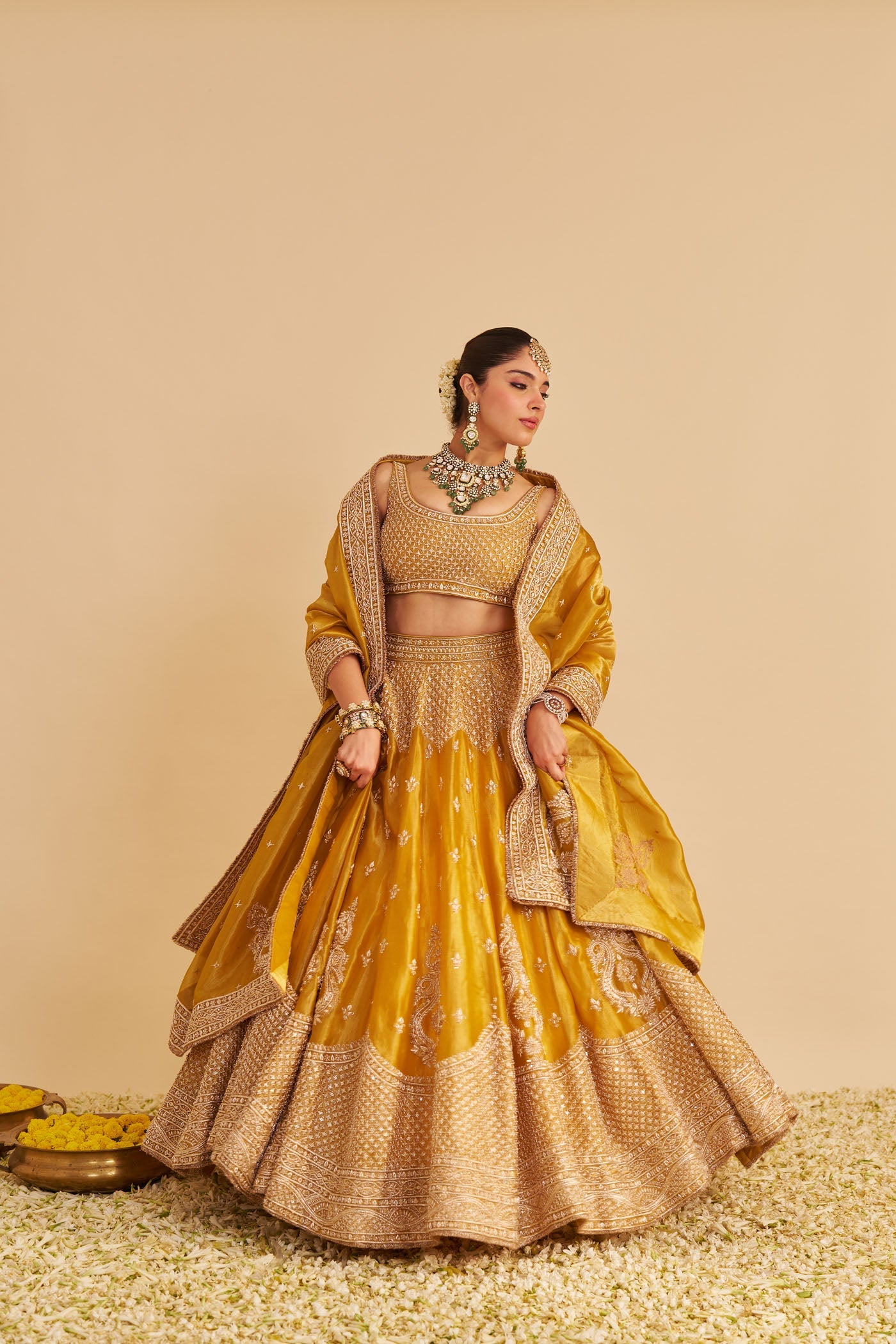 Aashina - Dabka Zardozi Embroidered Pure Tissue Mustard Gold Lehenga Set