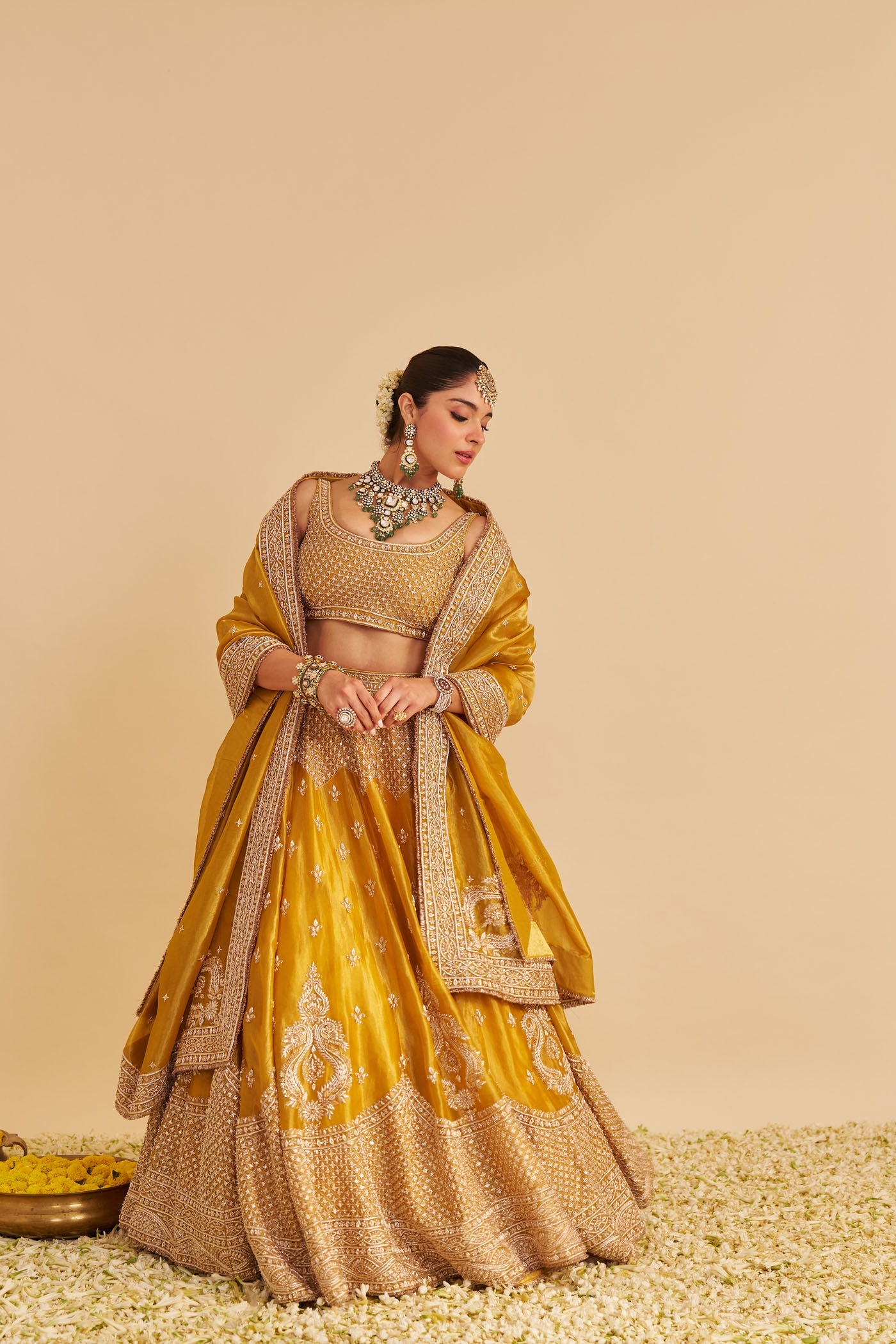 Aashina - Dabka Zardozi Embroidered Pure Tissue Mustard Gold Lehenga Set