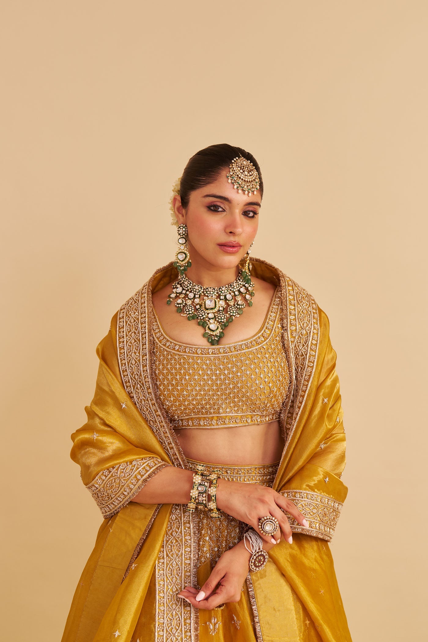 Aashina - Dabka Zardozi Embroidered Pure Tissue Mustard Gold Lehenga Set