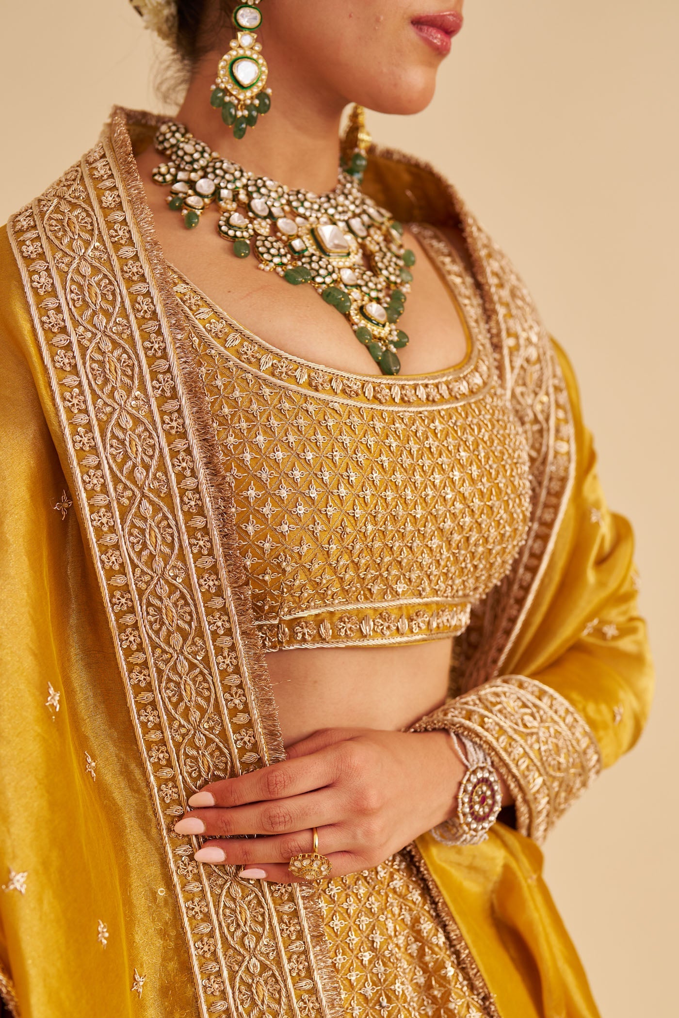 Aashina - Dabka Zardozi Embroidered Pure Tissue Mustard Gold Lehenga Set