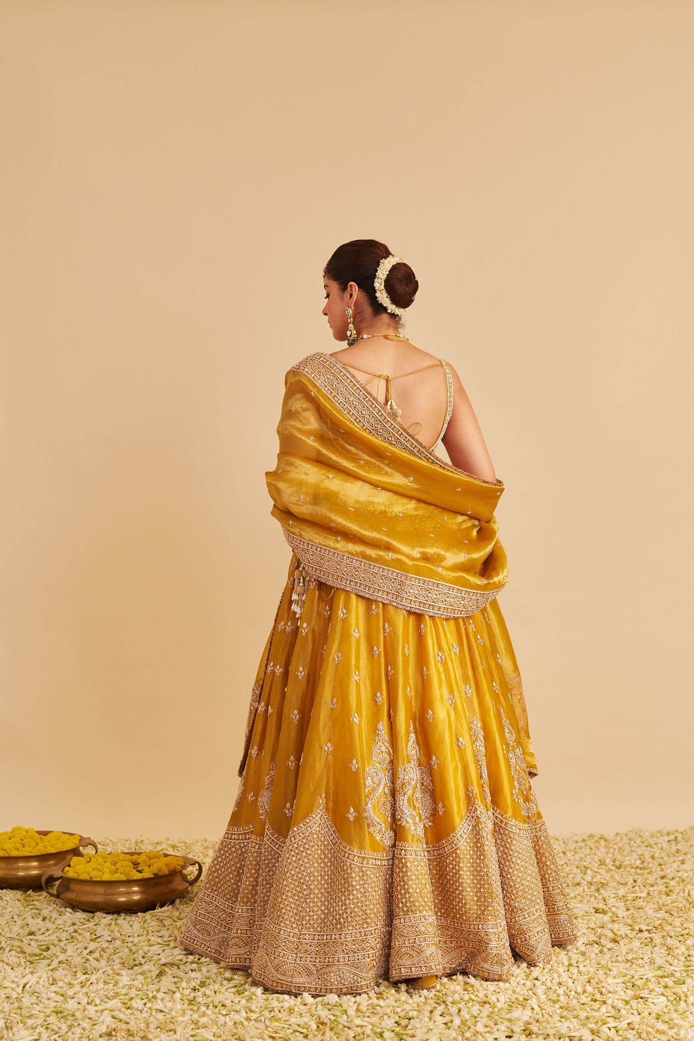 Aashina - Dabka Zardozi Embroidered Pure Tissue Mustard Gold Lehenga Set