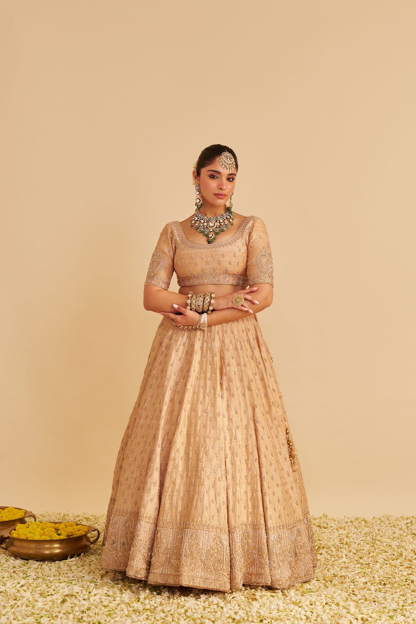Aaliya - Dabka Zardozi Embroidered Raw Silk Gold Lehenga Set (Lxrts)