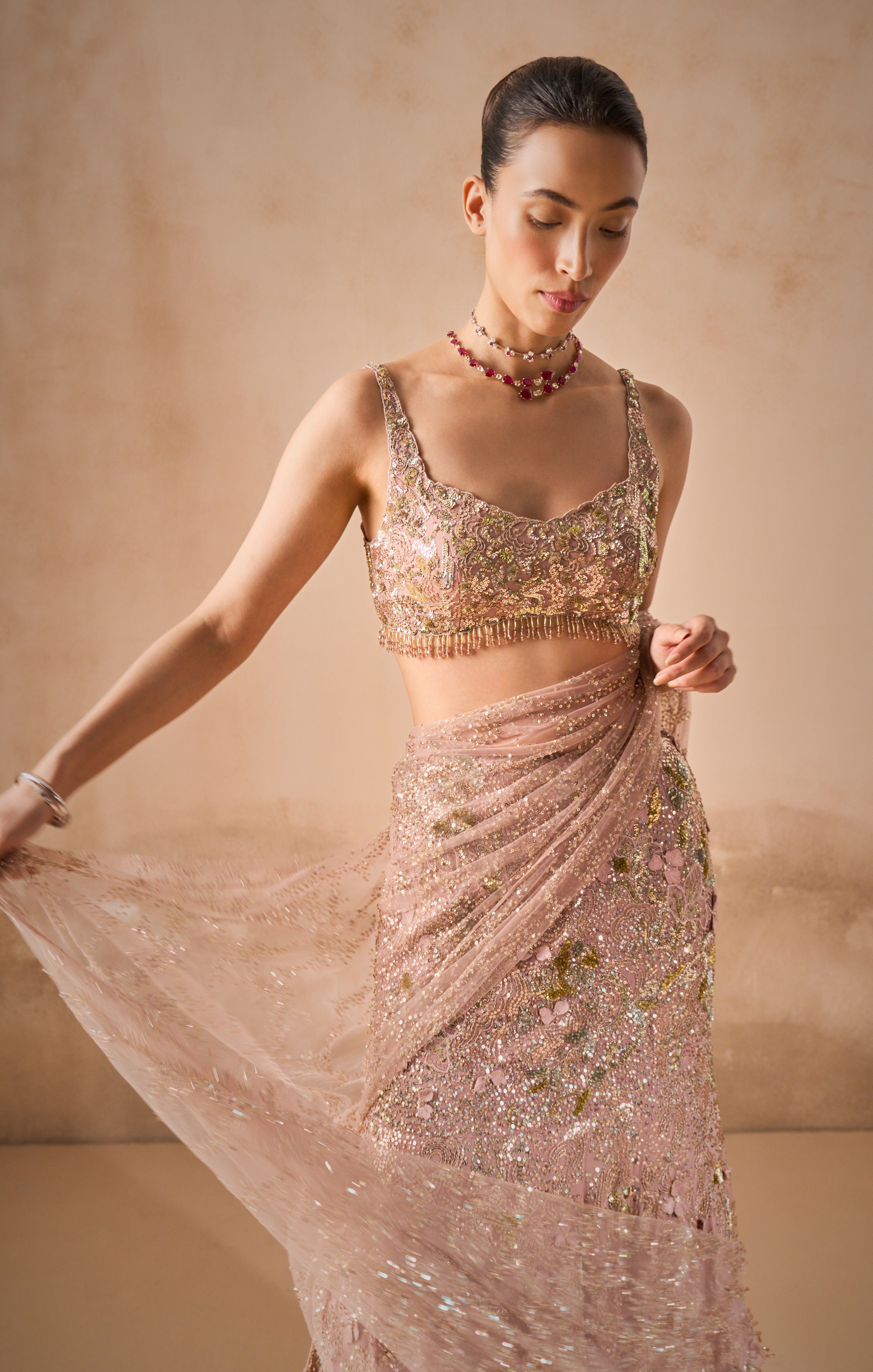 Rose Pink Georgette Sparkle Drape Lehenga Set