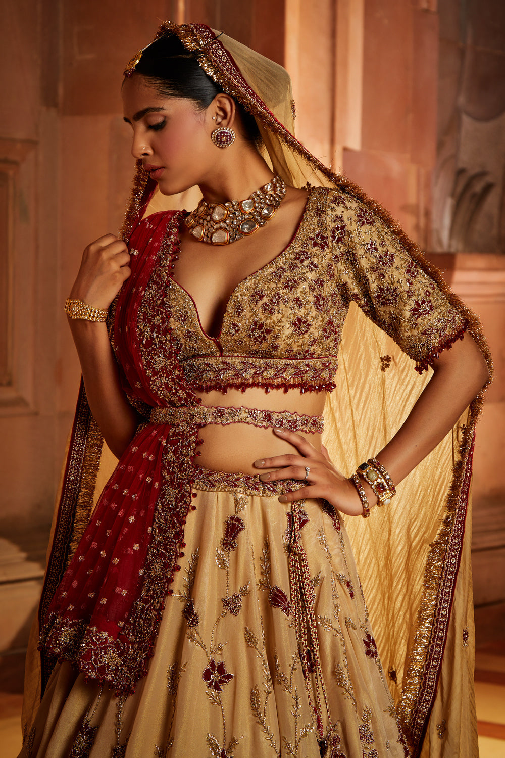 Gold Tissue Lehenga Choli And Belt With Contrasting Red Tulle Dupatta And Optional Gold Tissue Second Dupatta