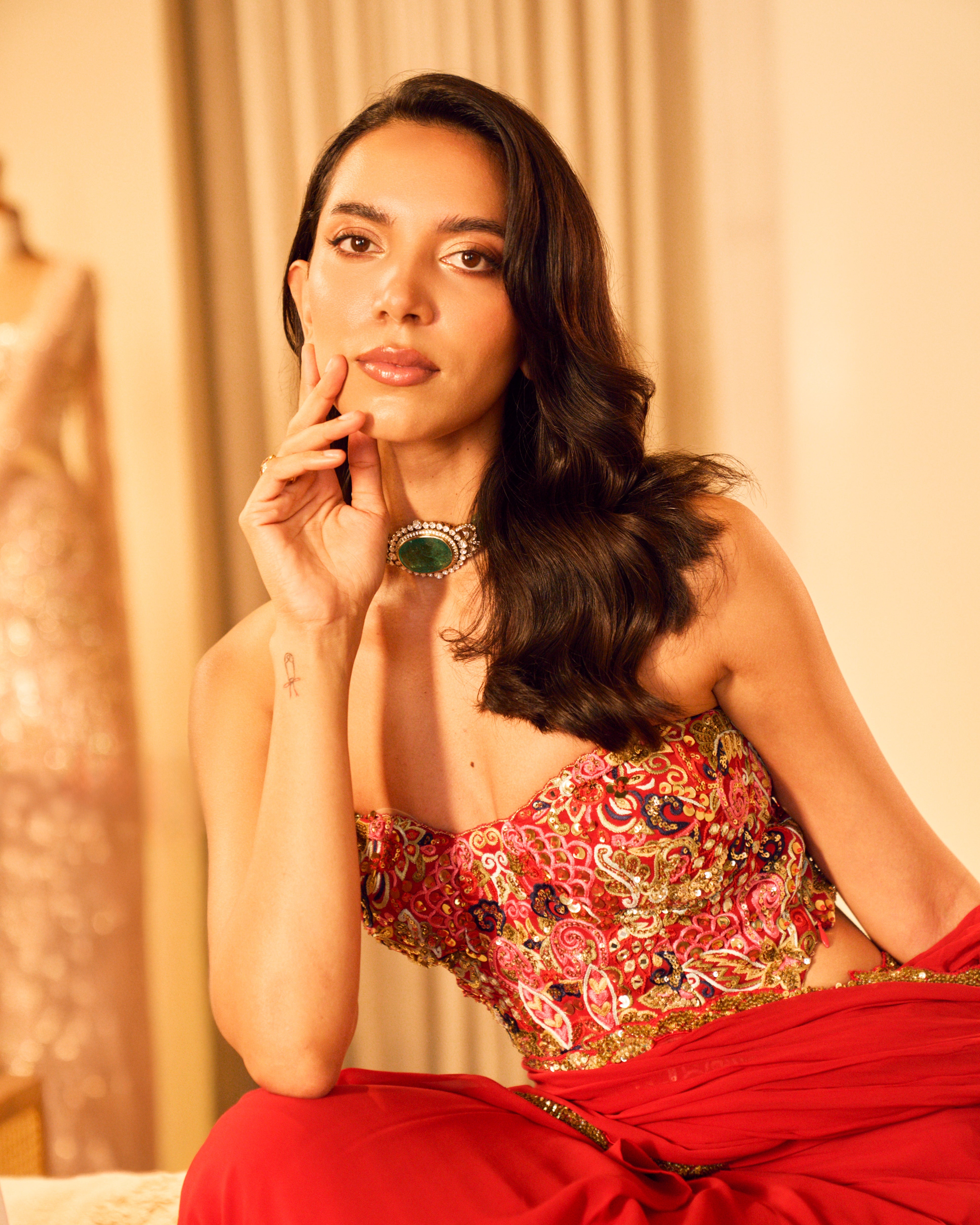 Pre-Drape Red Saree Set With A Corset Blouse
