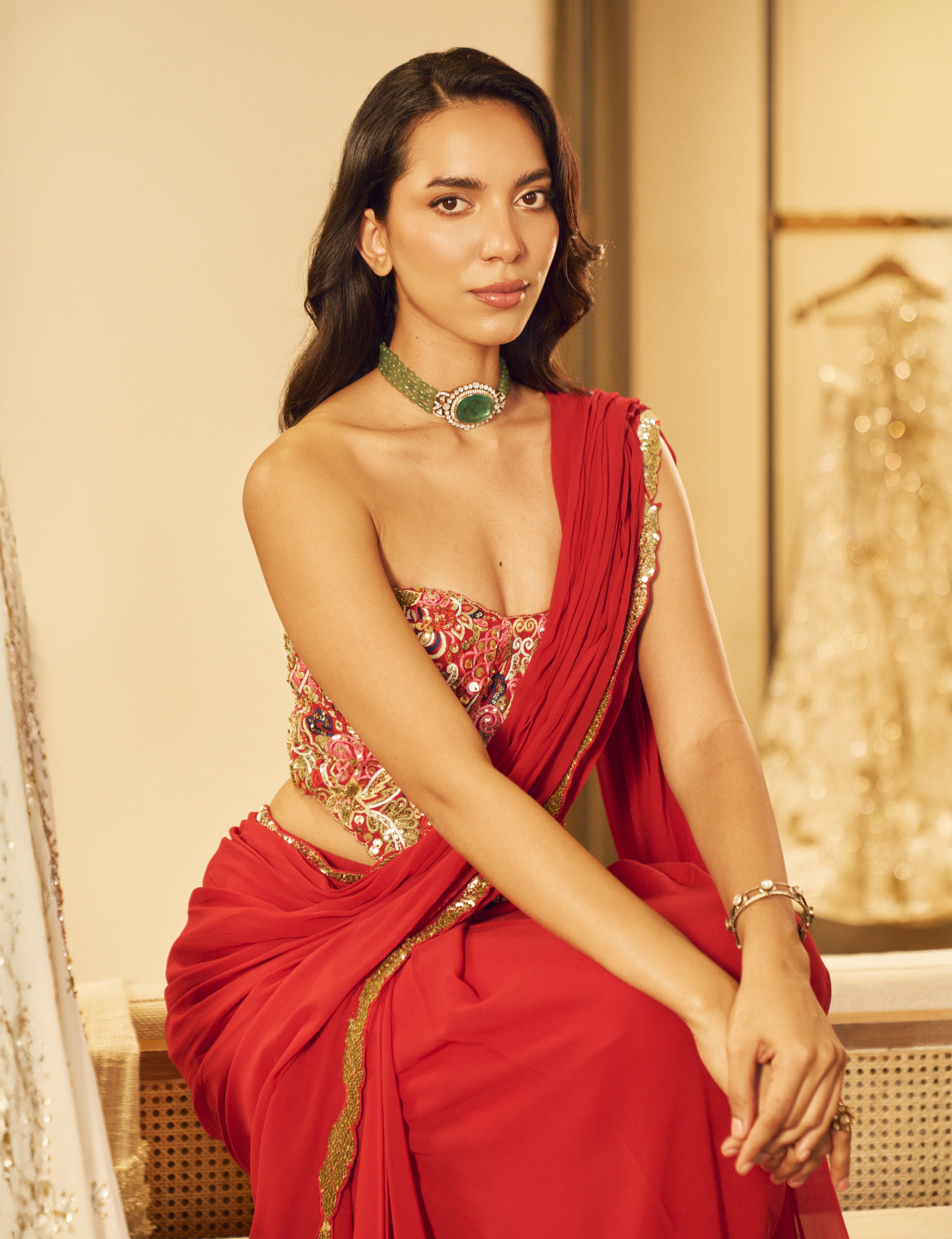 Pre-Drape Red Saree Set With A Corset Blouse