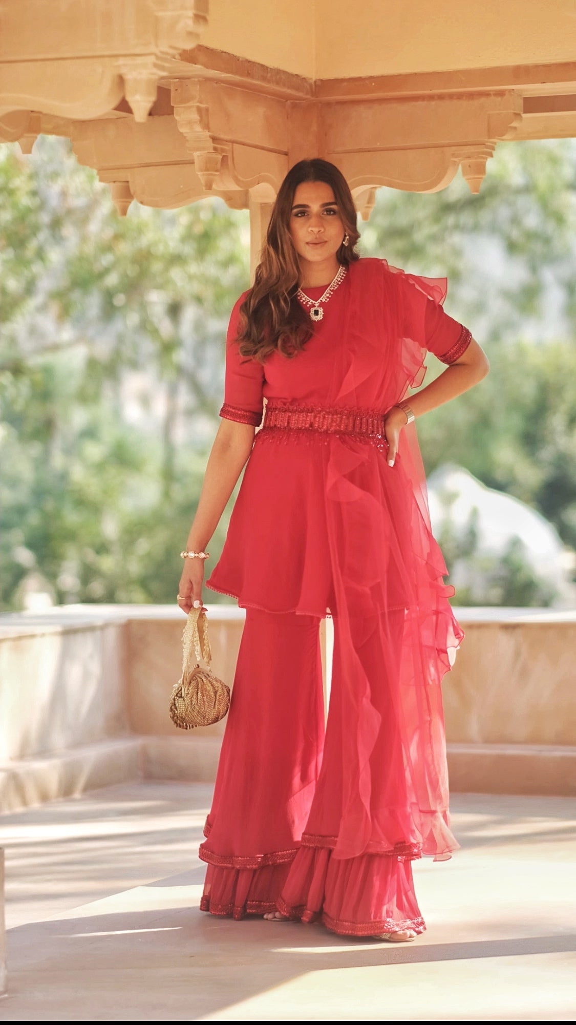 Summiyya In Red Peplum Top And Double Sharara Set