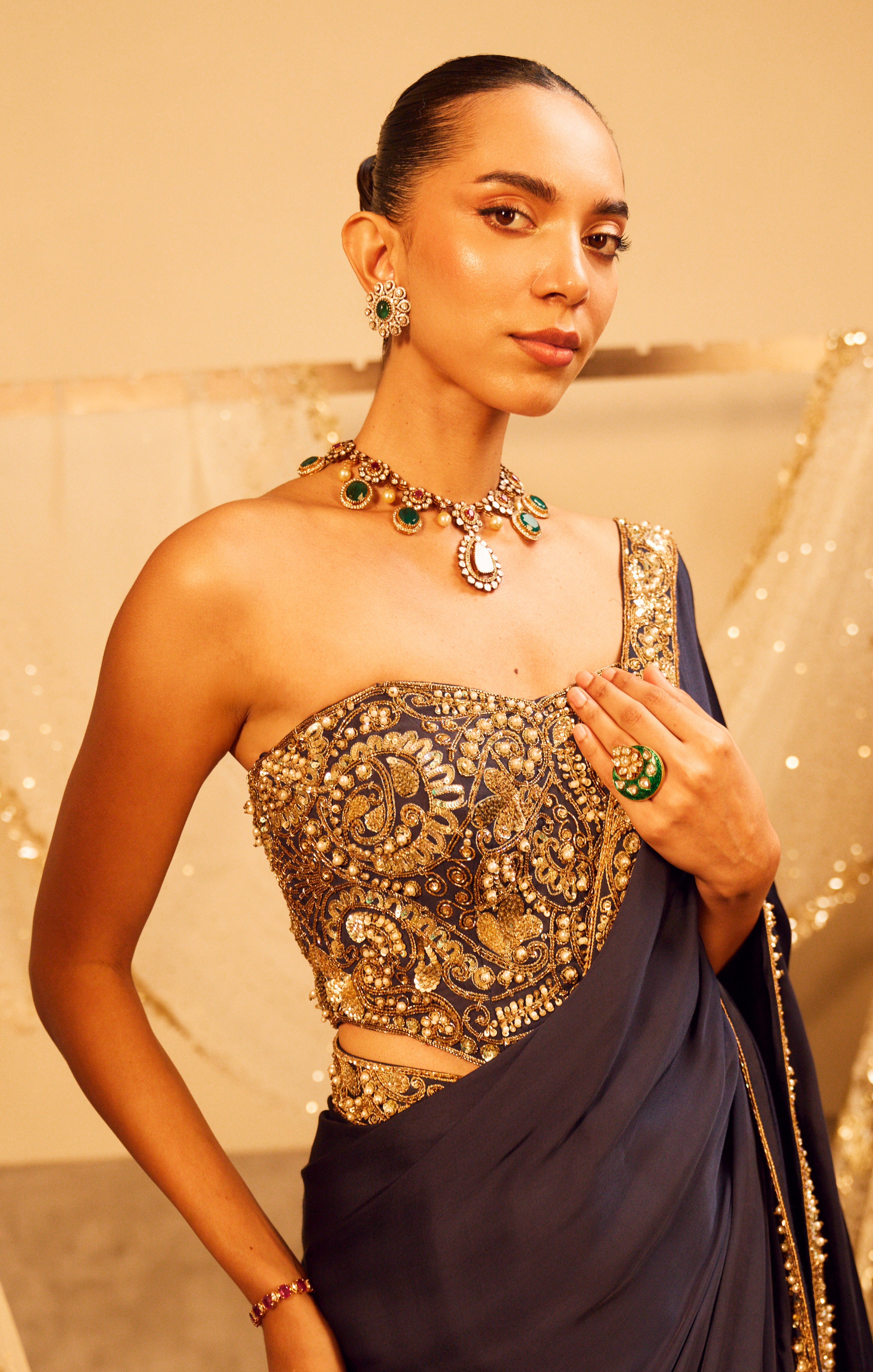 Midnight Blue Satin Saree And Corset Blouse