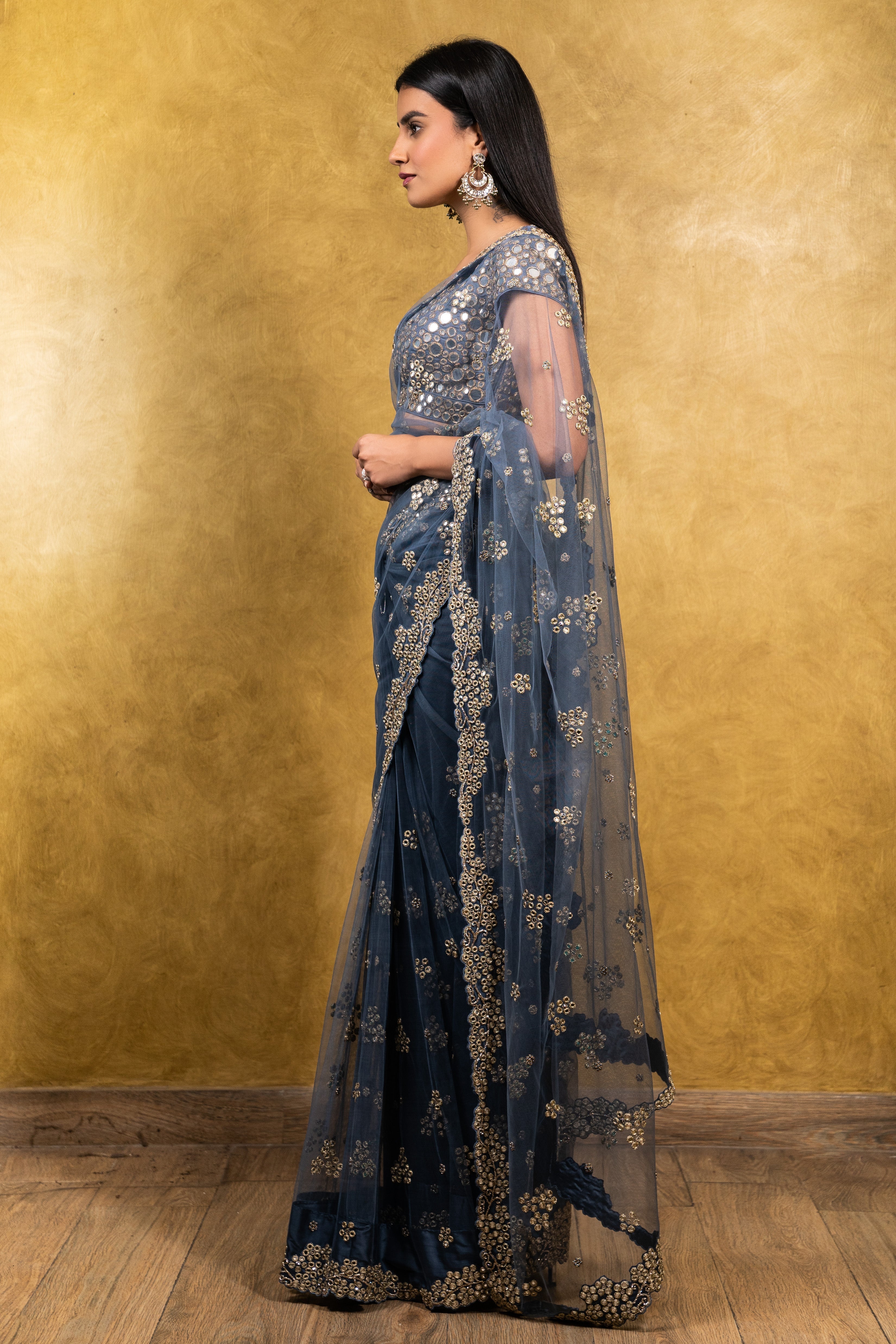 Stone Blue Tulle Saree With Taffeta Blouse