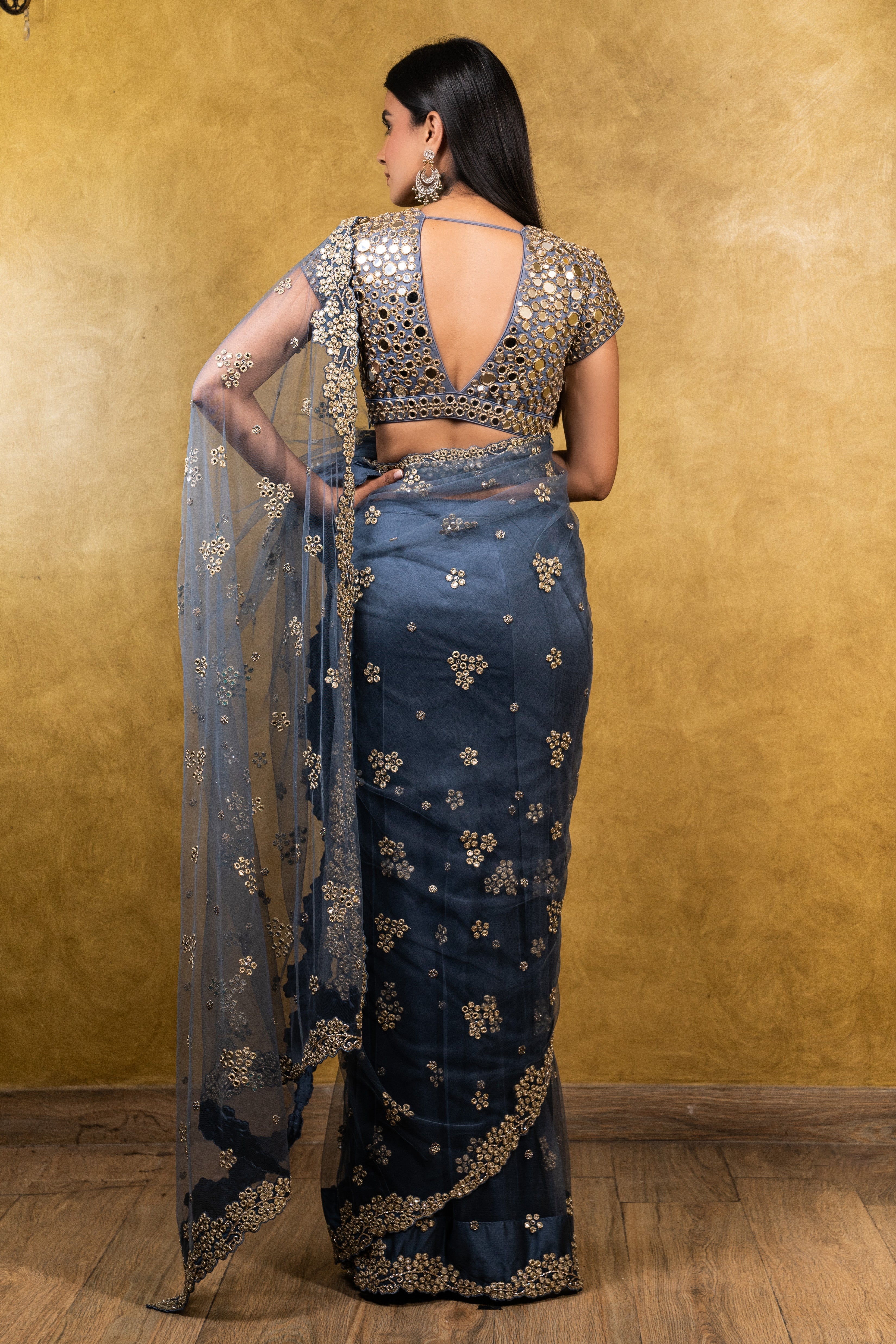 Stone Blue Tulle Saree With Taffeta Blouse