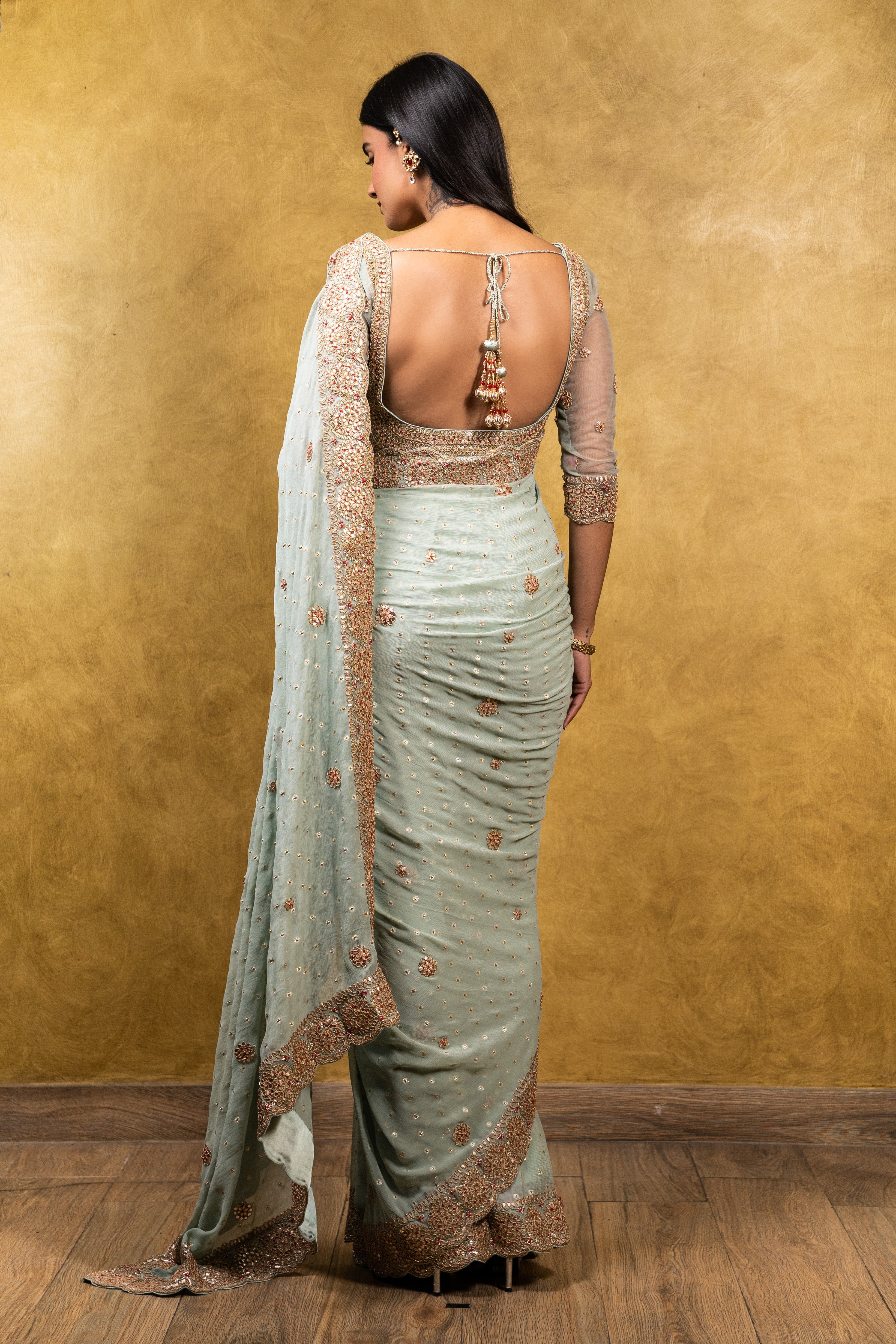 Jade Green Chiffon Booti Saree