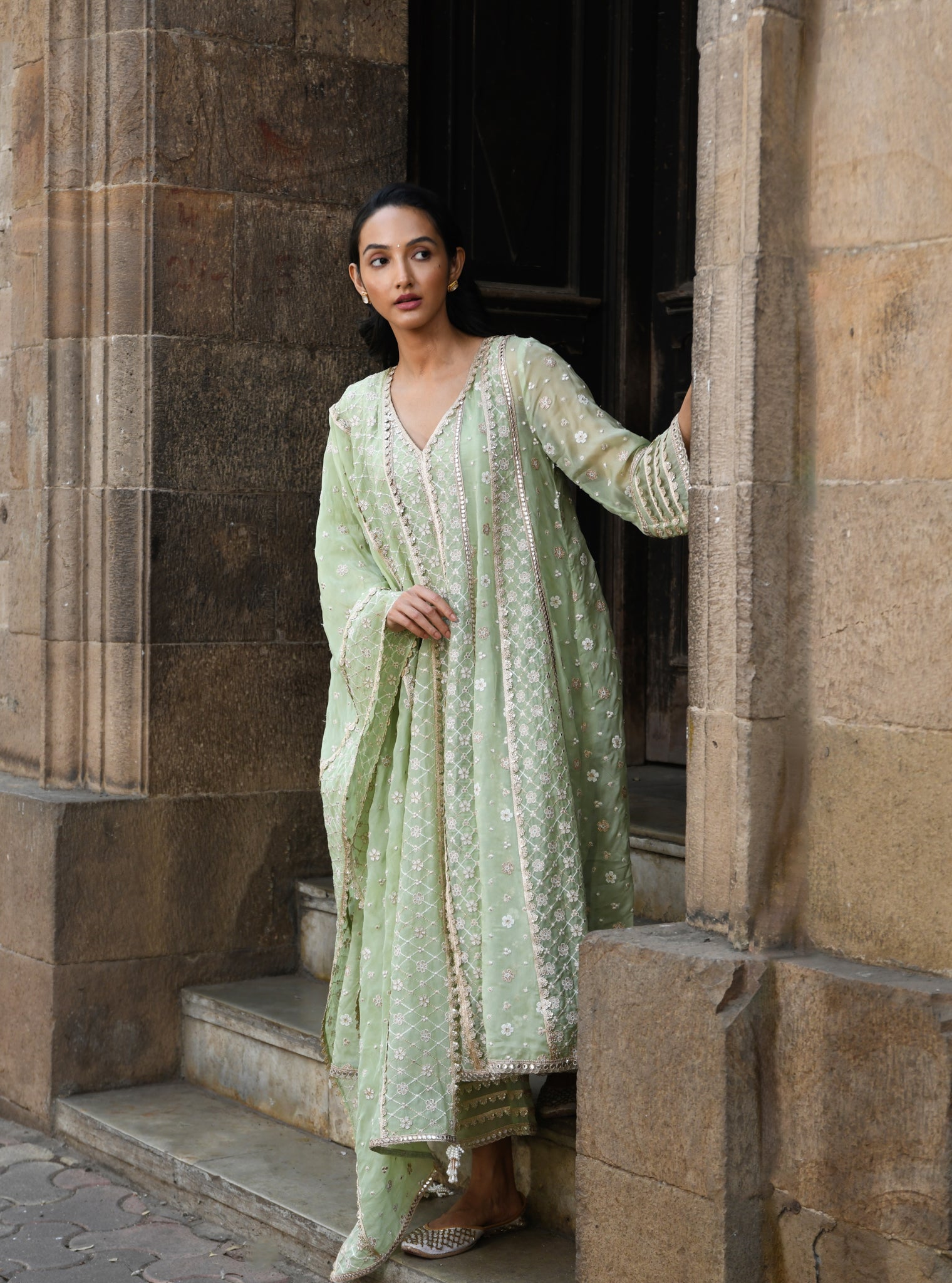 Mulmul Organza Palmer Green Anarkali Kurta With Mulmul Pima Palmer Green Pant