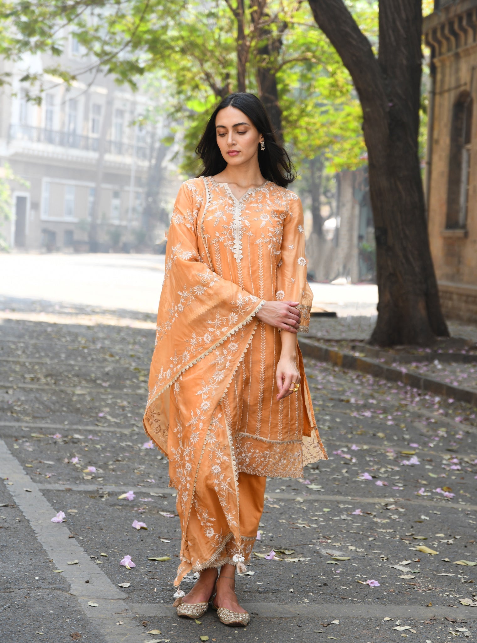 Mulmul Organza Amrapali Orange Kurta With Mulmul Pima Amrapali Orange Pant