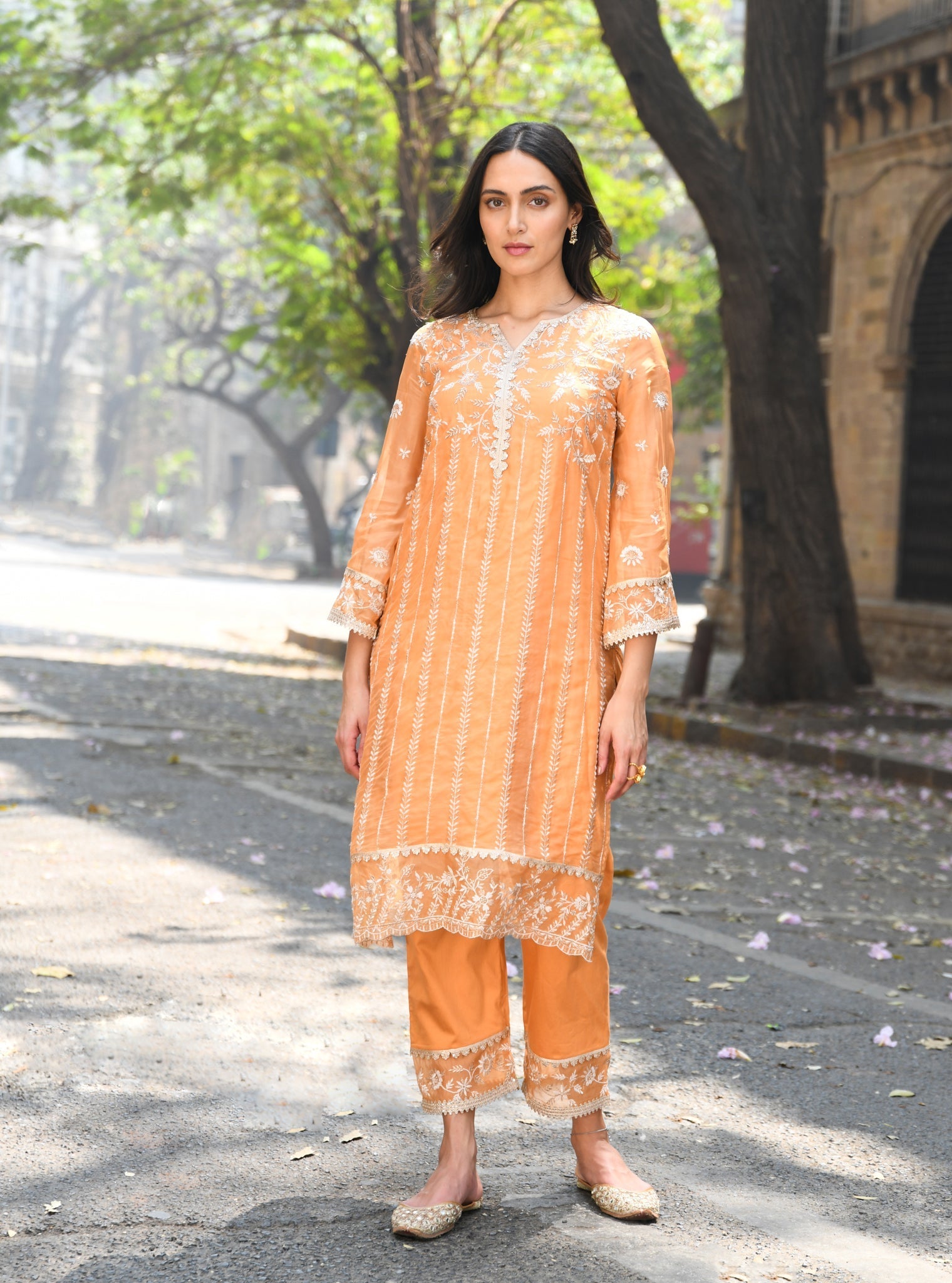 Mulmul Organza Amrapali Orange Kurta With Mulmul Pima Amrapali Orange Pant