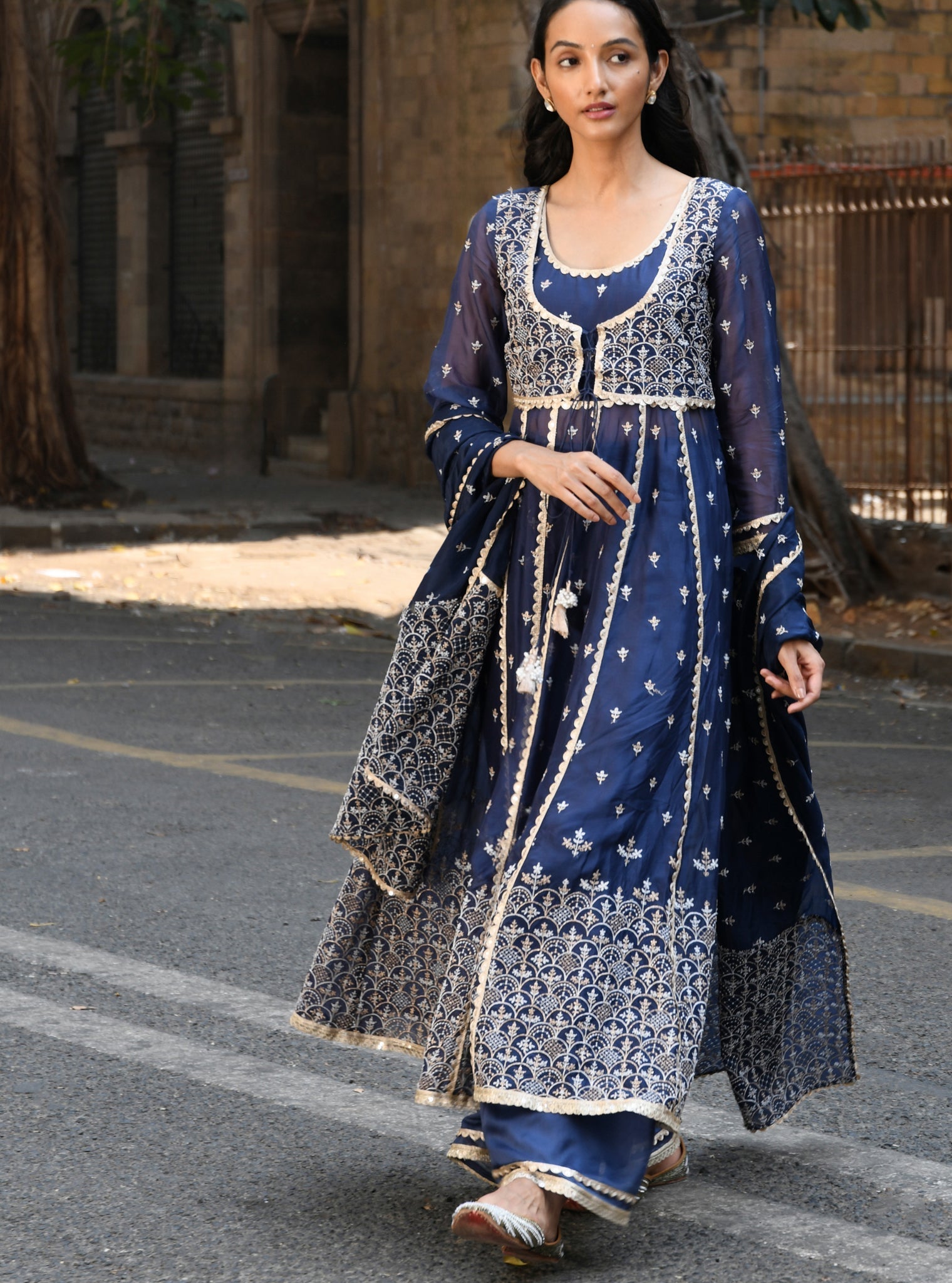 Mulmul Organza Sheri Navy Anarkali Kurta With Mulmul Organza Sheri Navy Sharara