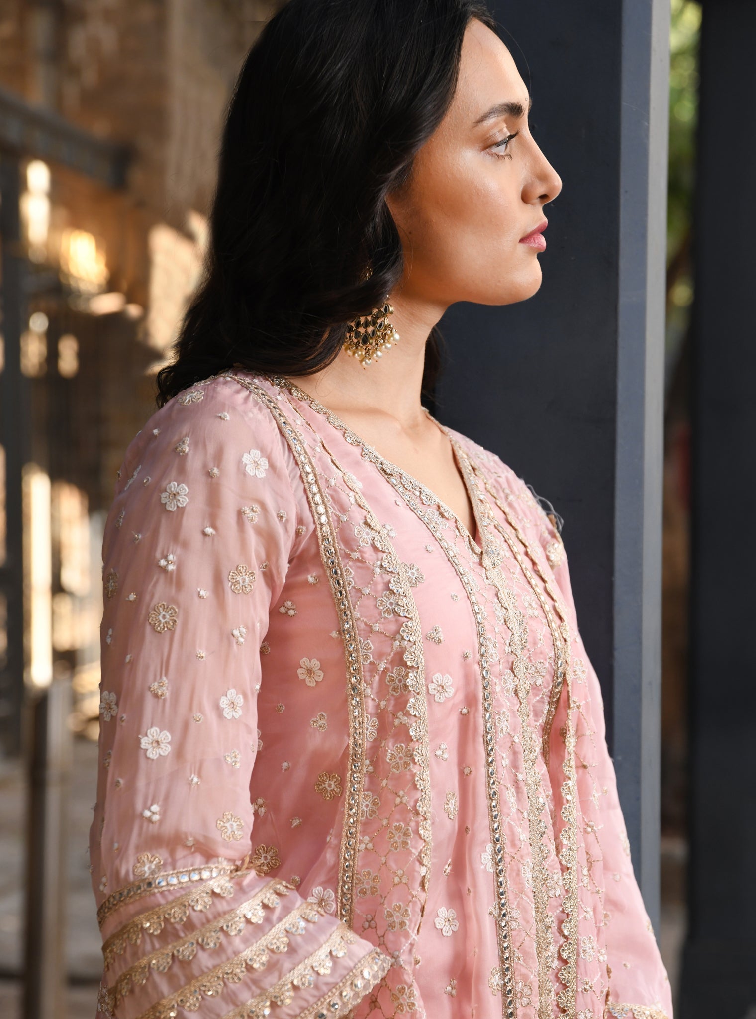 Mulmul Organza Palmer Light Pink Anarkali Kurta With Mulmul Pima Palmer Light Pink Pant