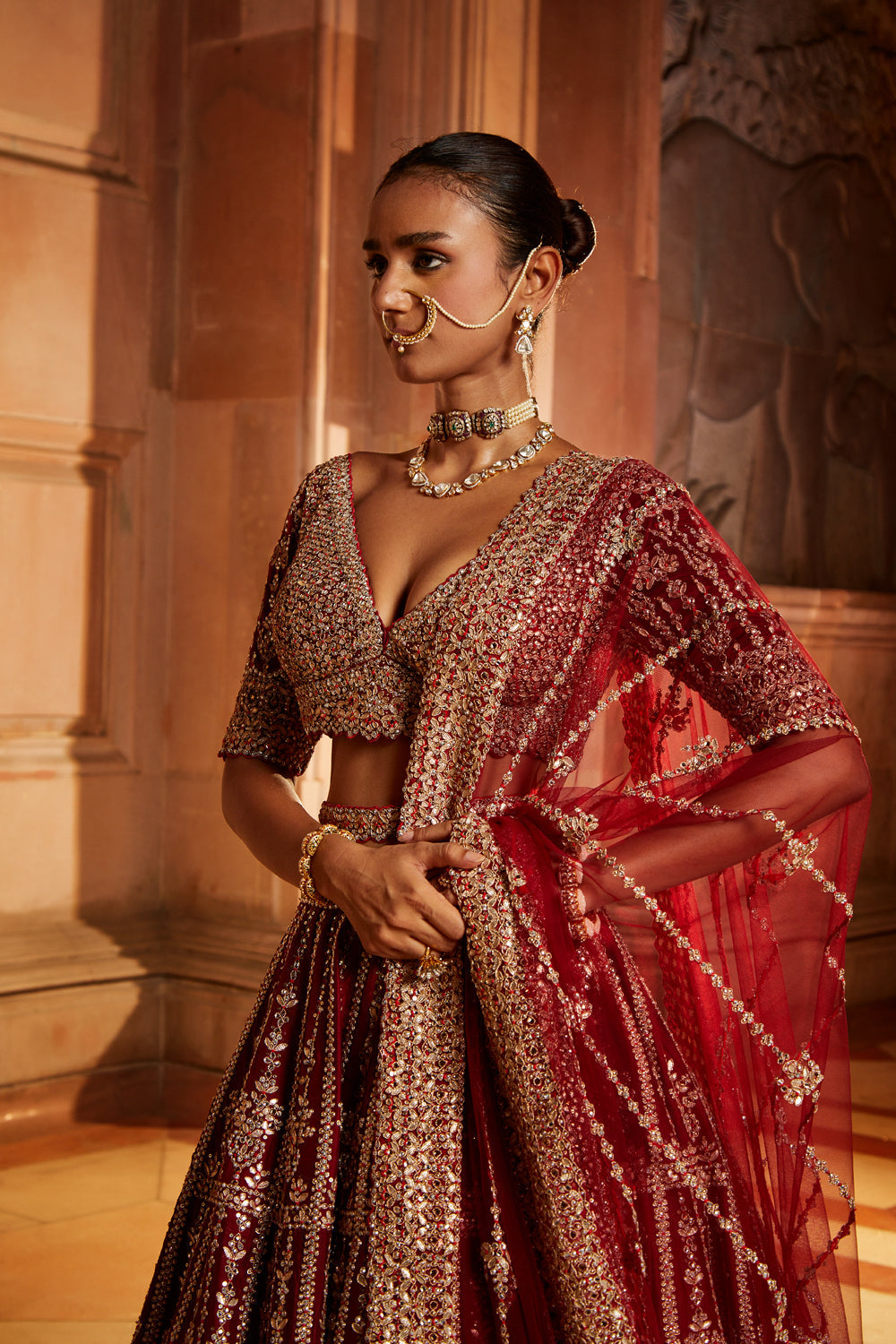 Maroon Raw Silk Lehenga Choli And Worked Belt With Tulle Dupatta