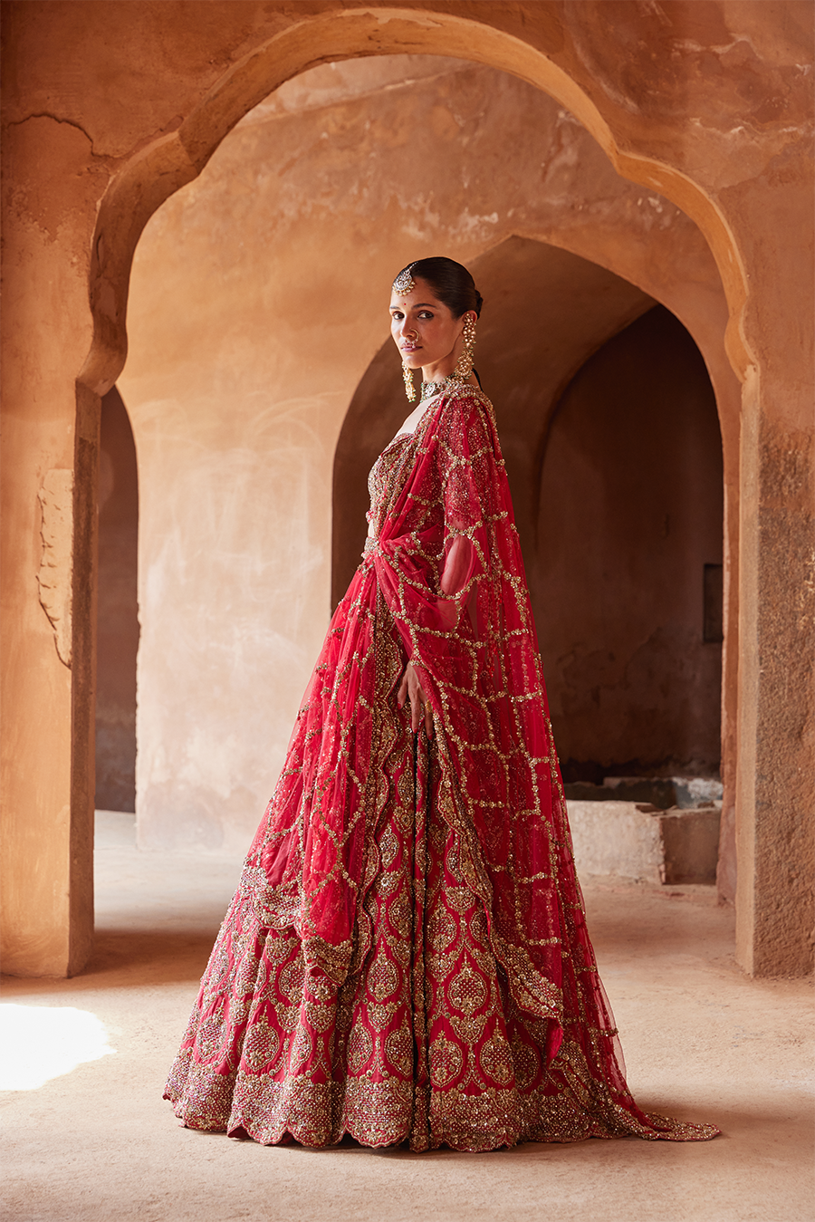 Deep Red Raw Silk Lehenga Choli Set