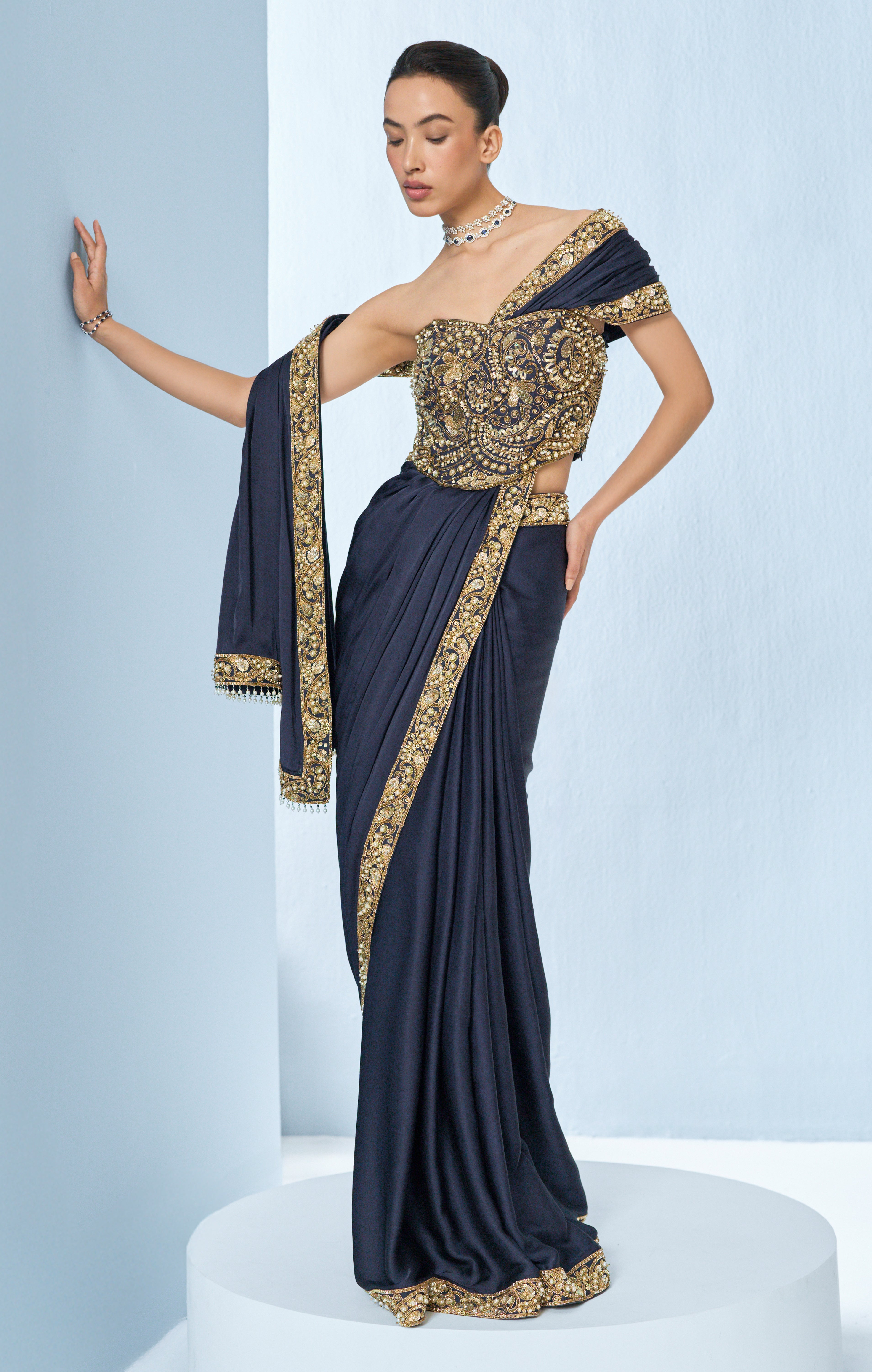 Midnight Blue Satin Saree And Corset Blouse