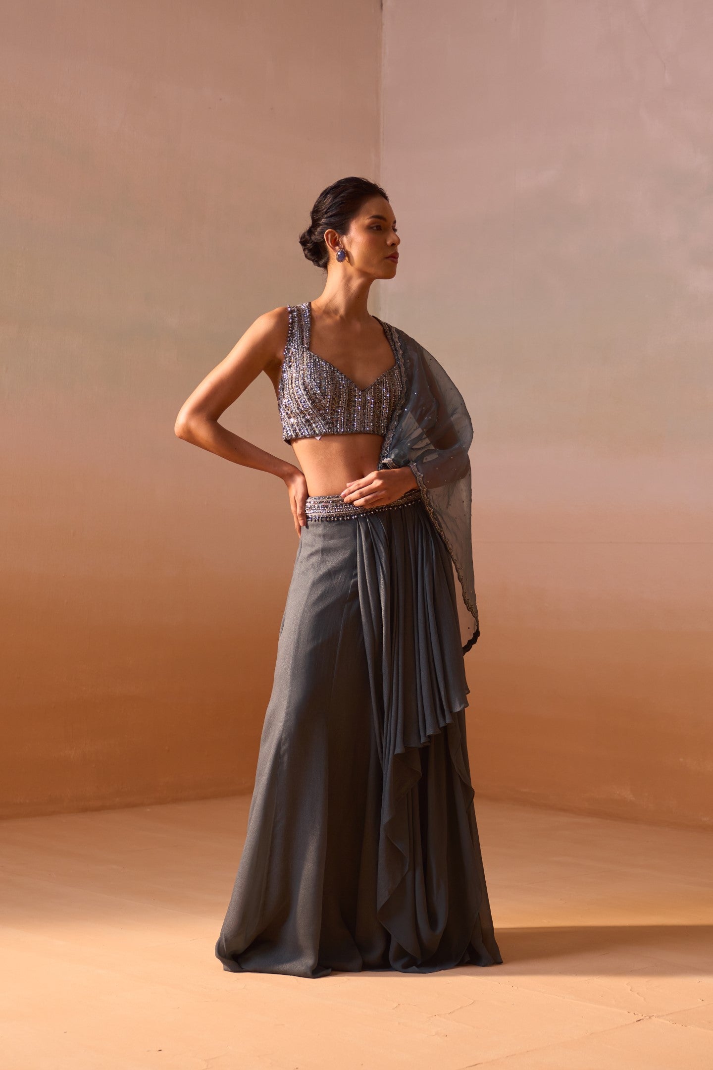 Grey Shimmer Draped Saree