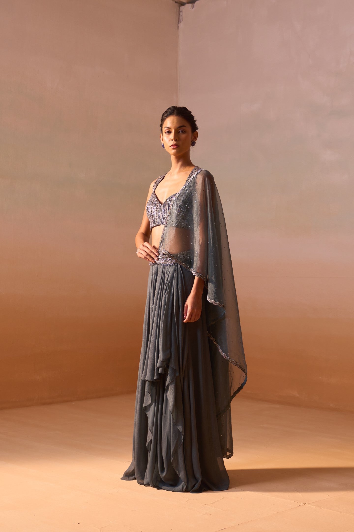 Grey Shimmer Draped Saree