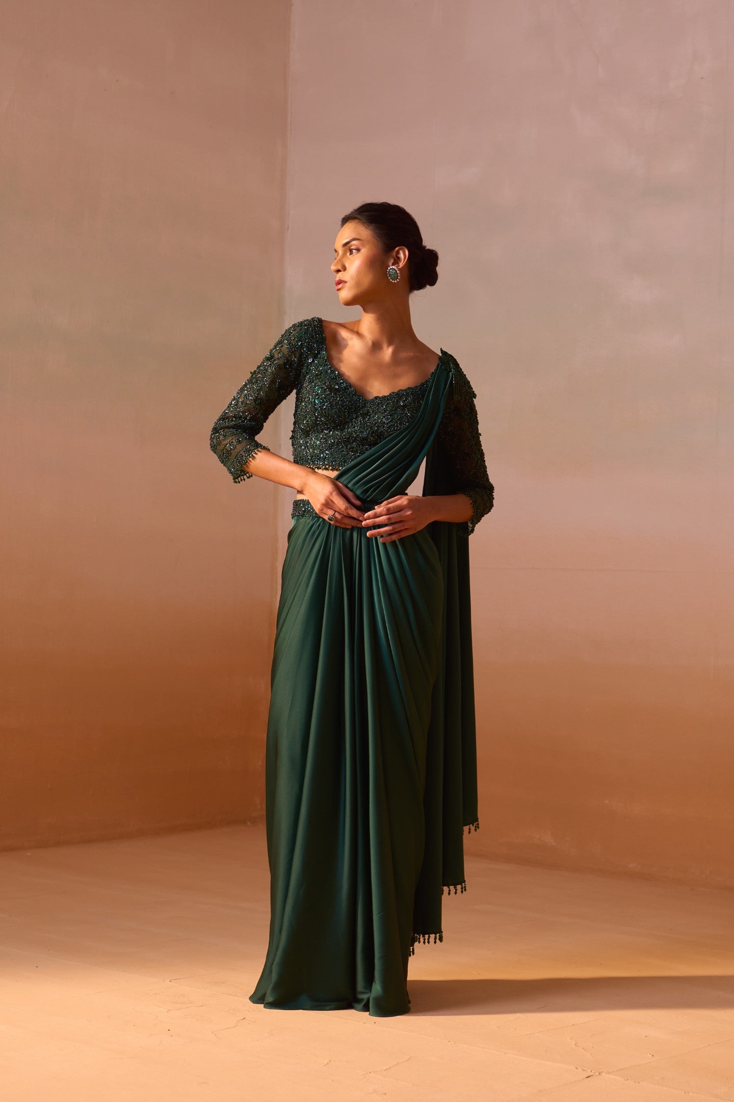 Bottle Green Draped Saree