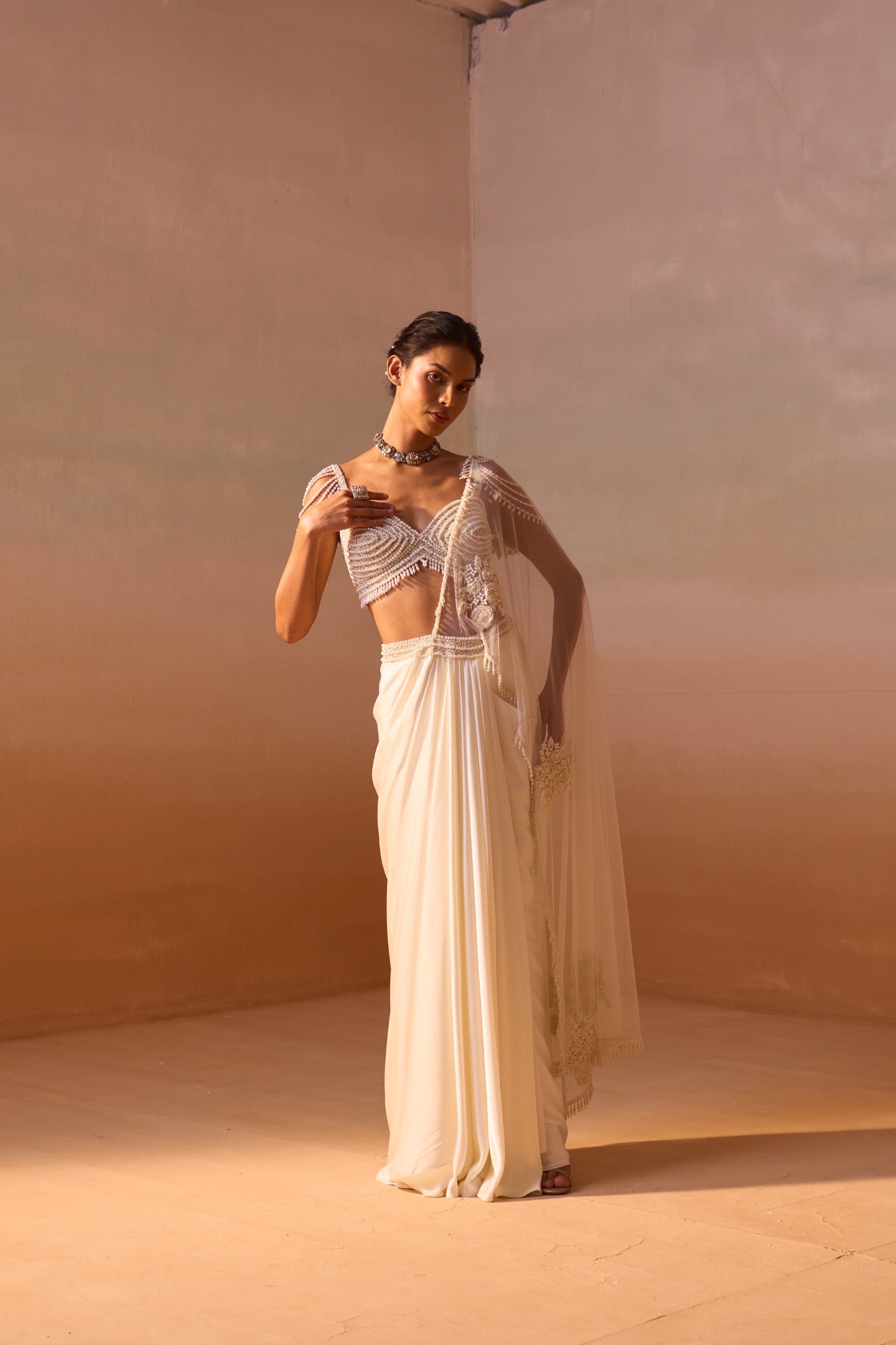 Ivory Pearl Worked Draped Saree