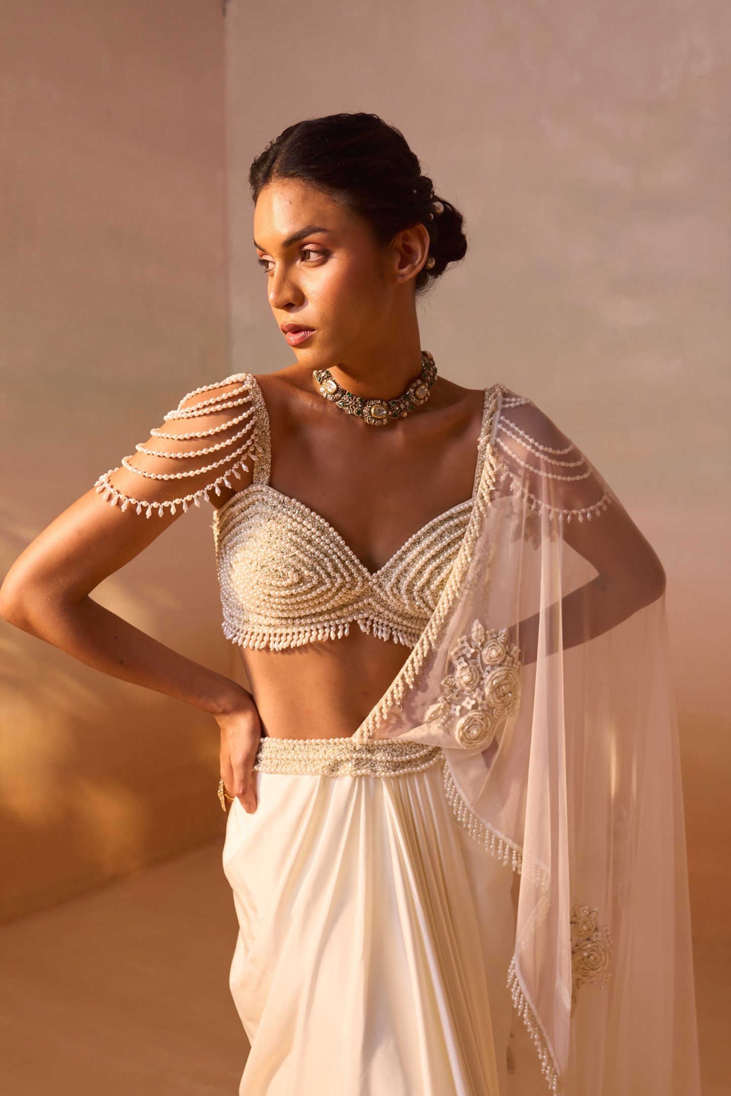 Ivory Pearl Worked Draped Saree