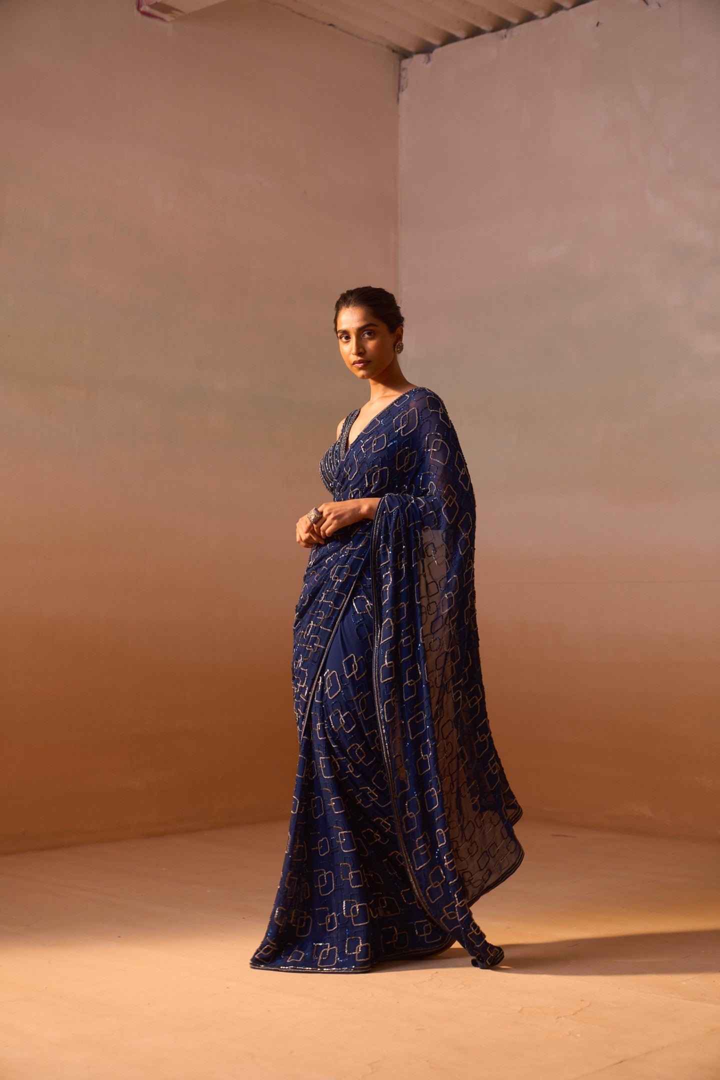 Navy Blue Geometric Saree