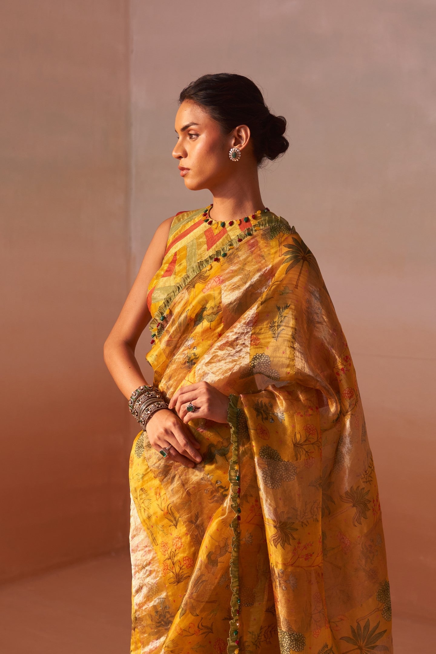 Yellow Printed Organza Saree