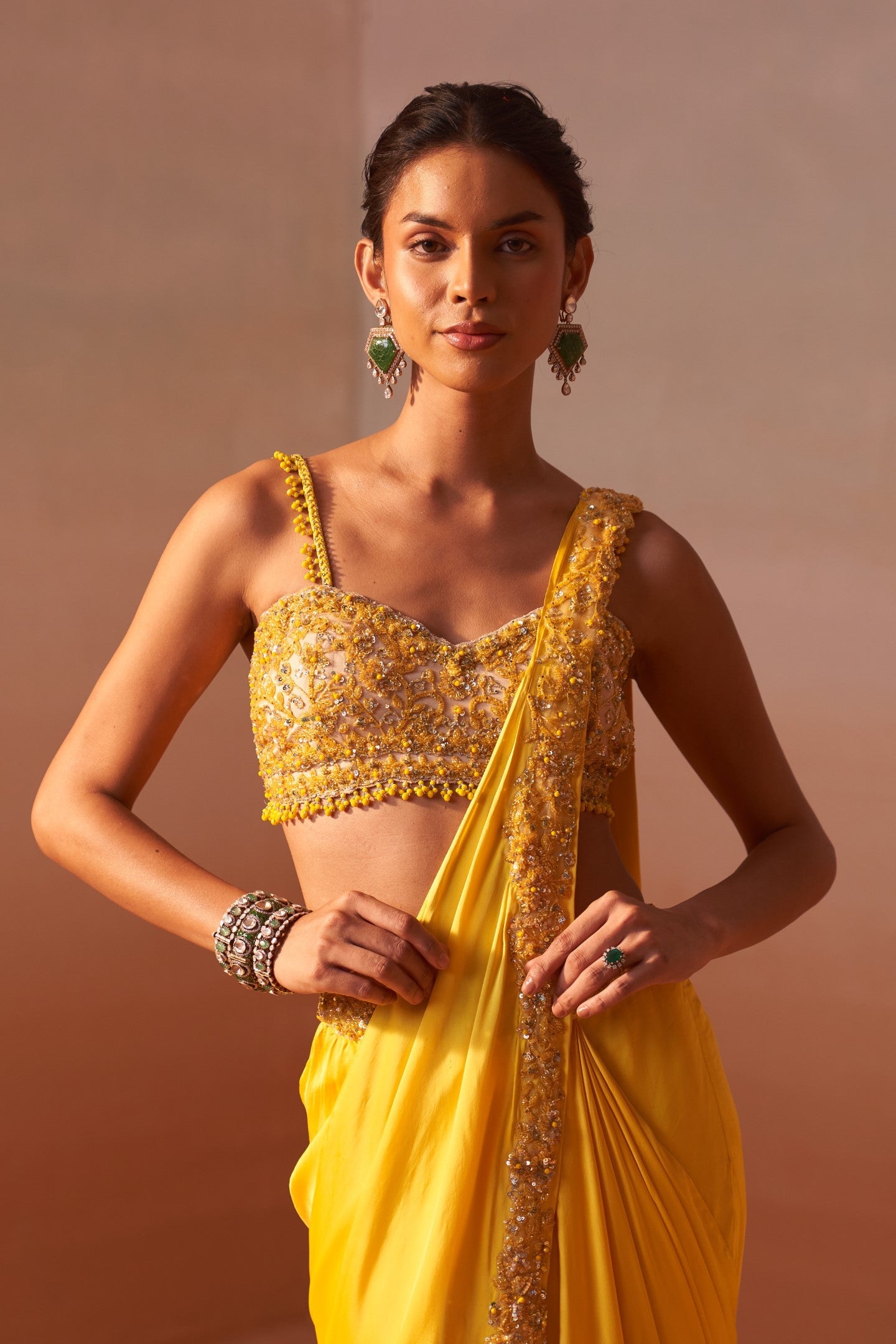 Yellow Draped Saree With Nude Choli