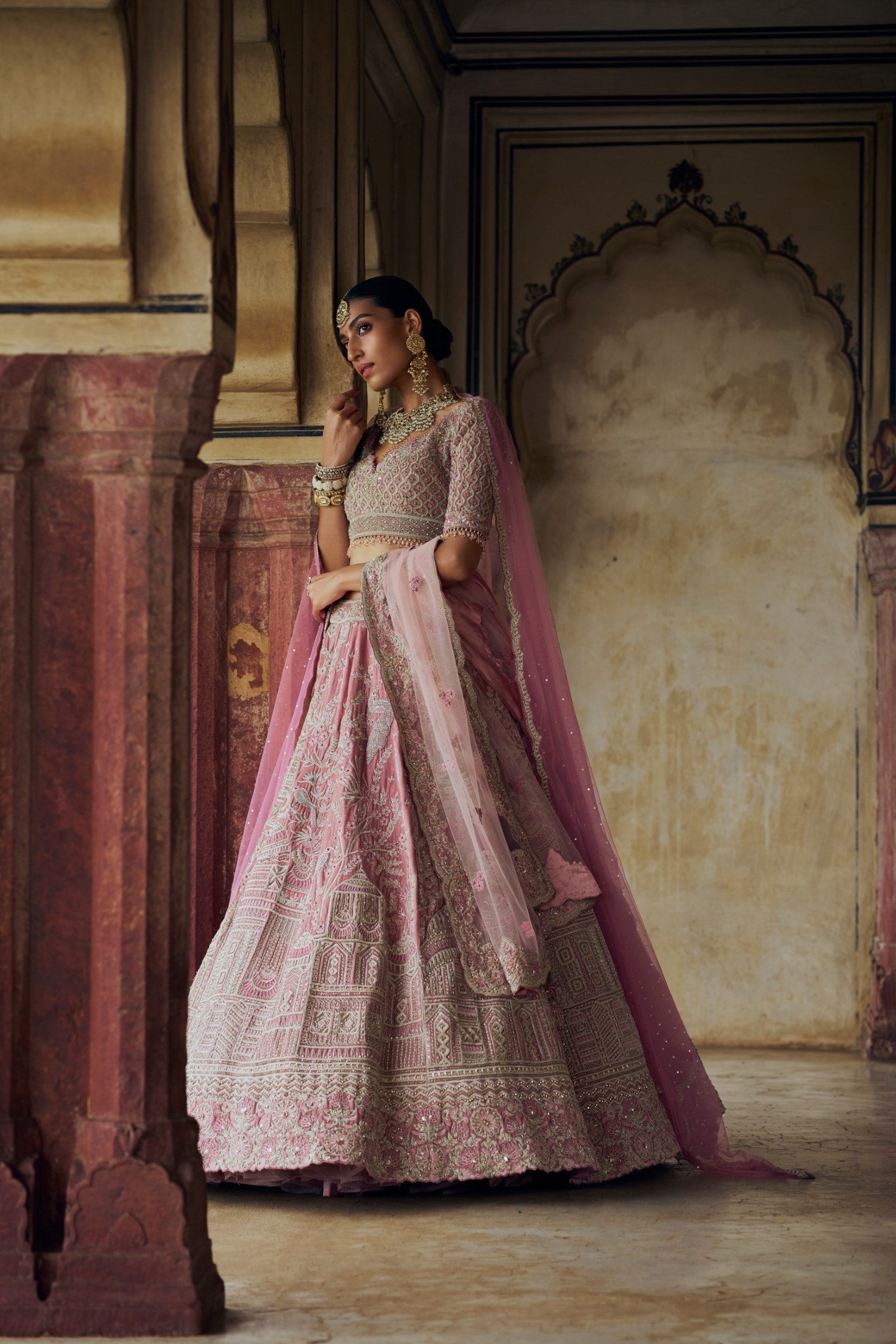 Blush Pink Velvet Lehenga Choli With Net Dupatta