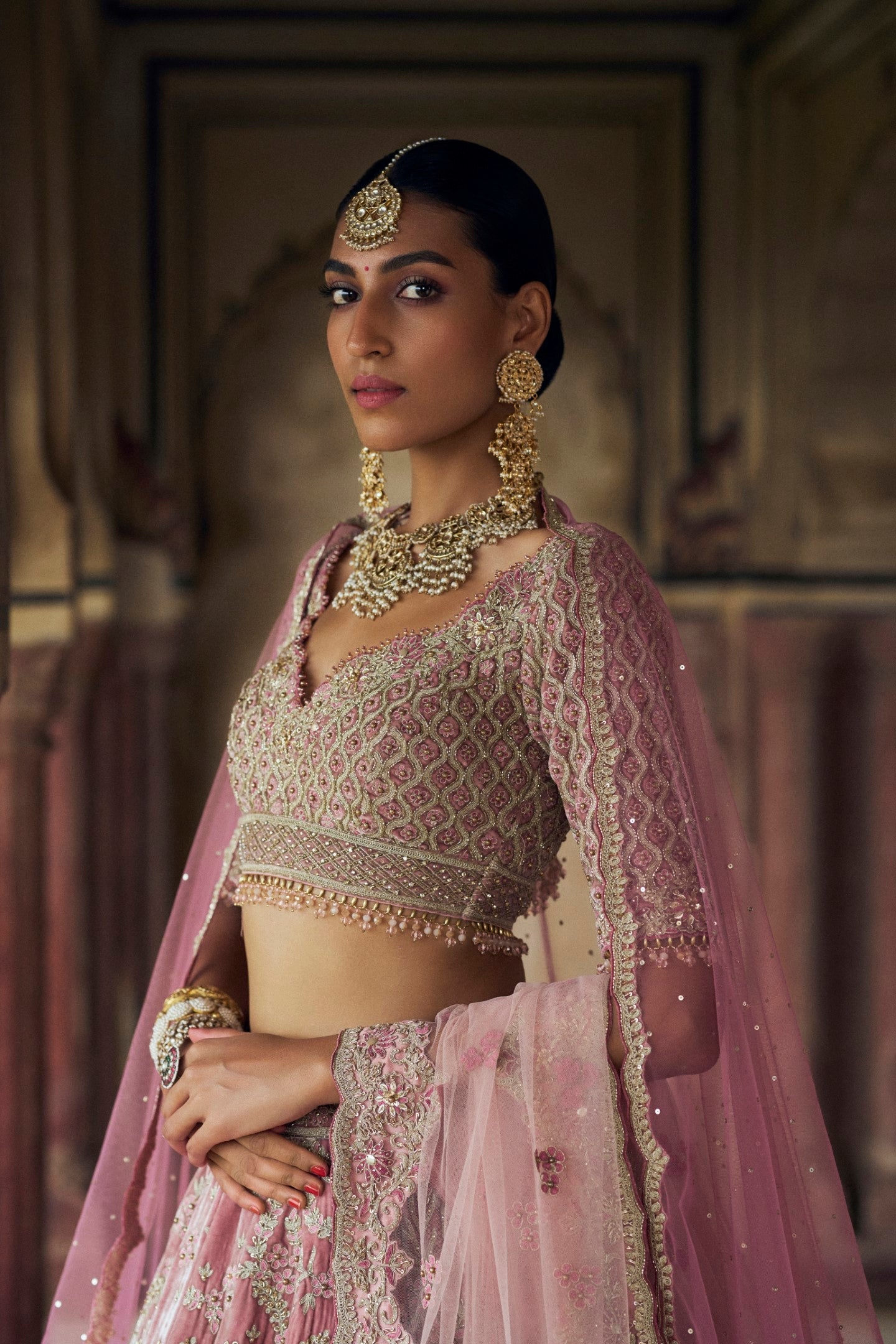 Blush Pink Velvet Lehenga Choli With Net Dupatta