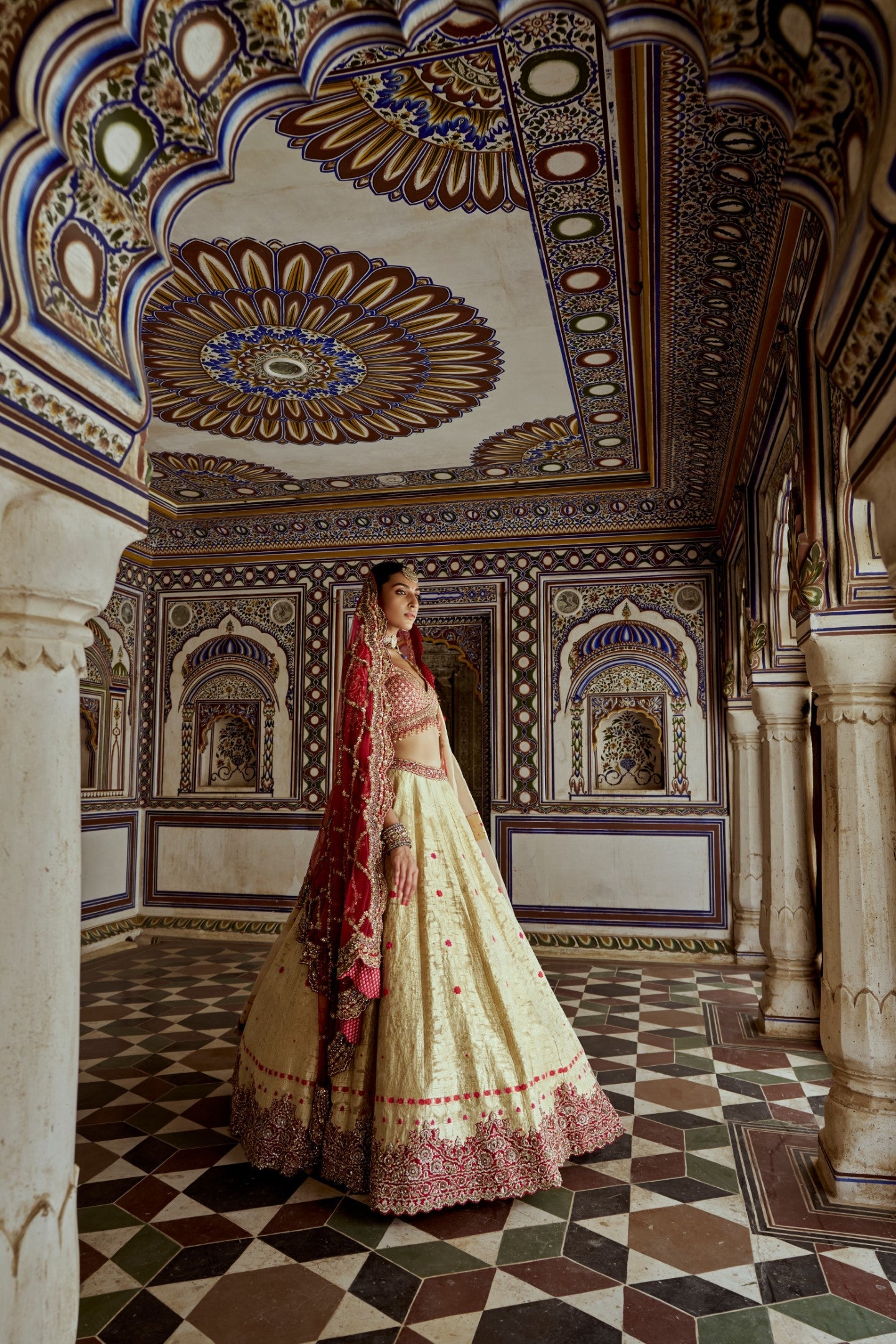 Gold Woven Benarsi Lehenga With Red Border And Red Raw Silk Choli And A Red Net Jaal Dupatta