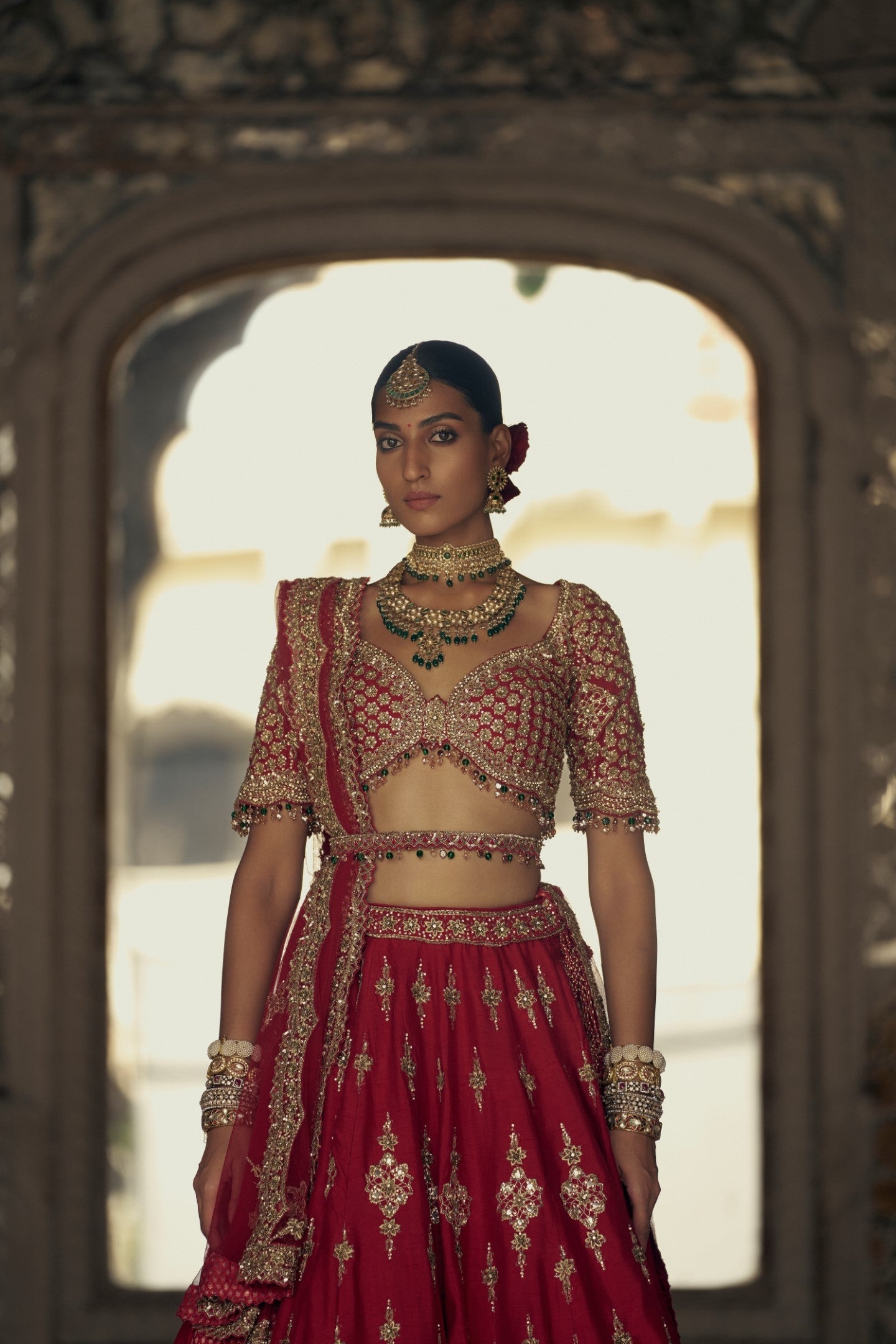 Deep Red Raw Silk Lehenga Choli Set With A Tulle Dupatta