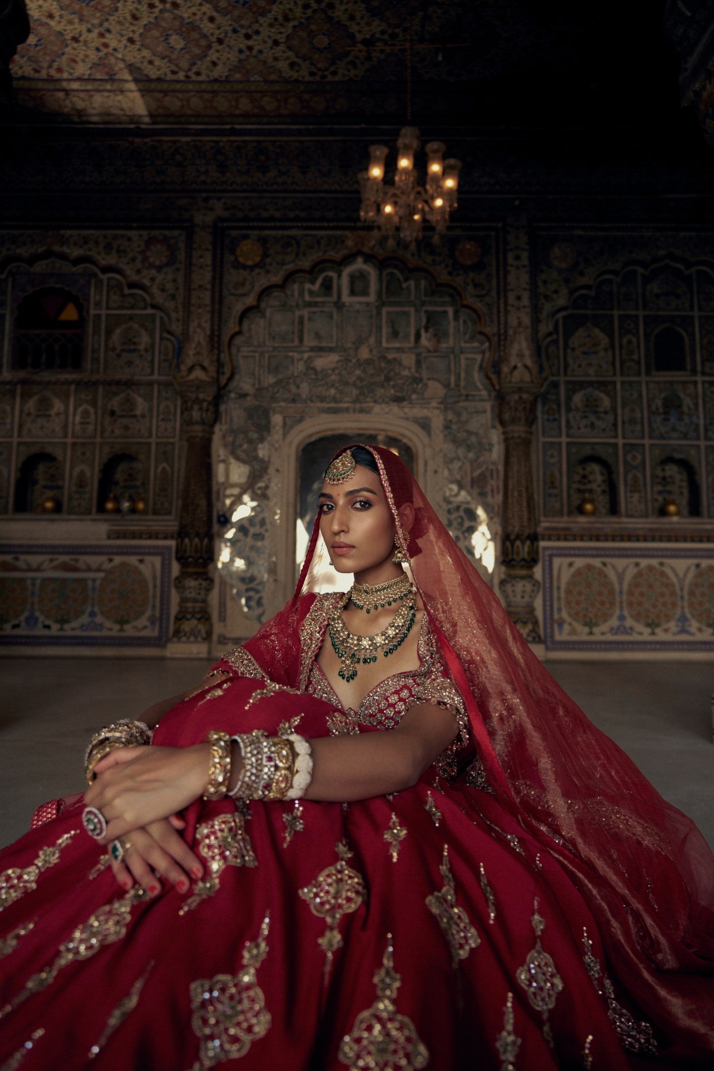 Deep Red Raw Silk Lehenga Choli Set With A Tulle Dupatta