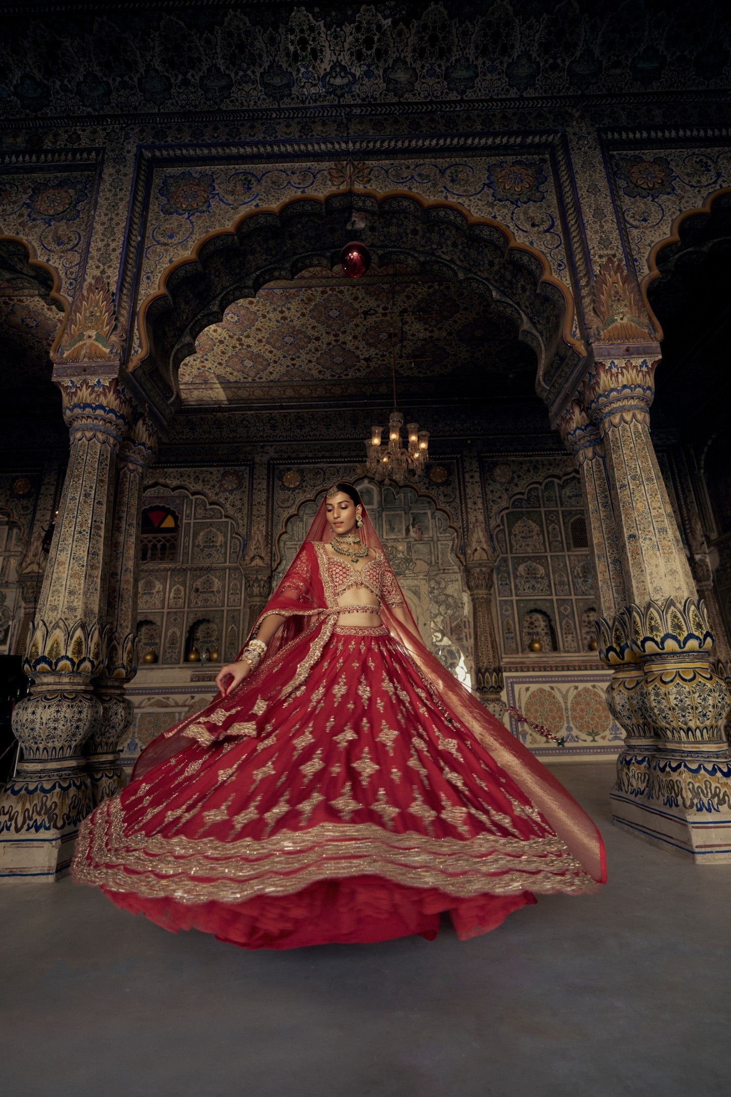 Deep Red Raw Silk Lehenga Choli Set With A Tulle Dupatta