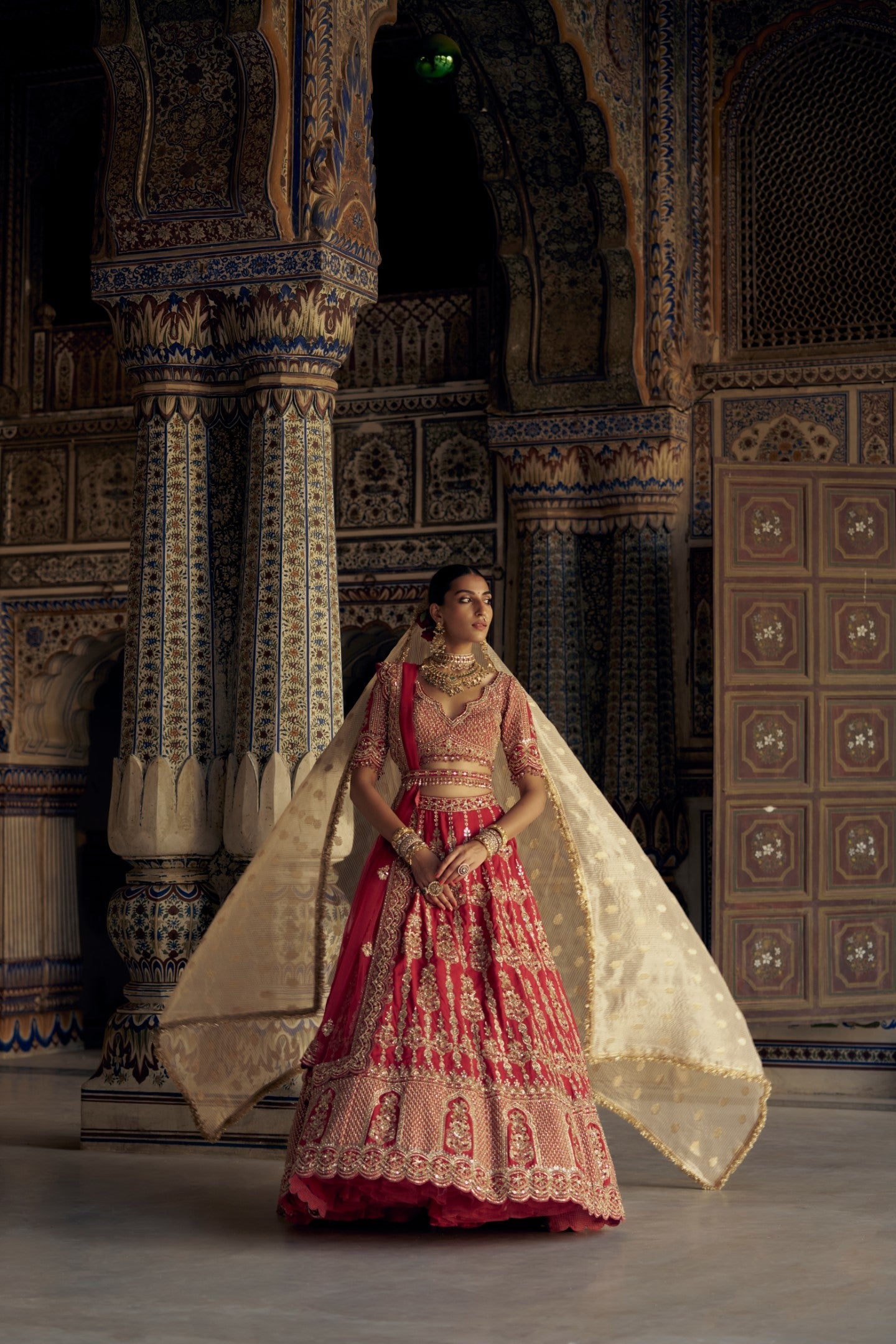 Blood Red Silk Lehenga Choli Set With A Worked Tulle Dupatta