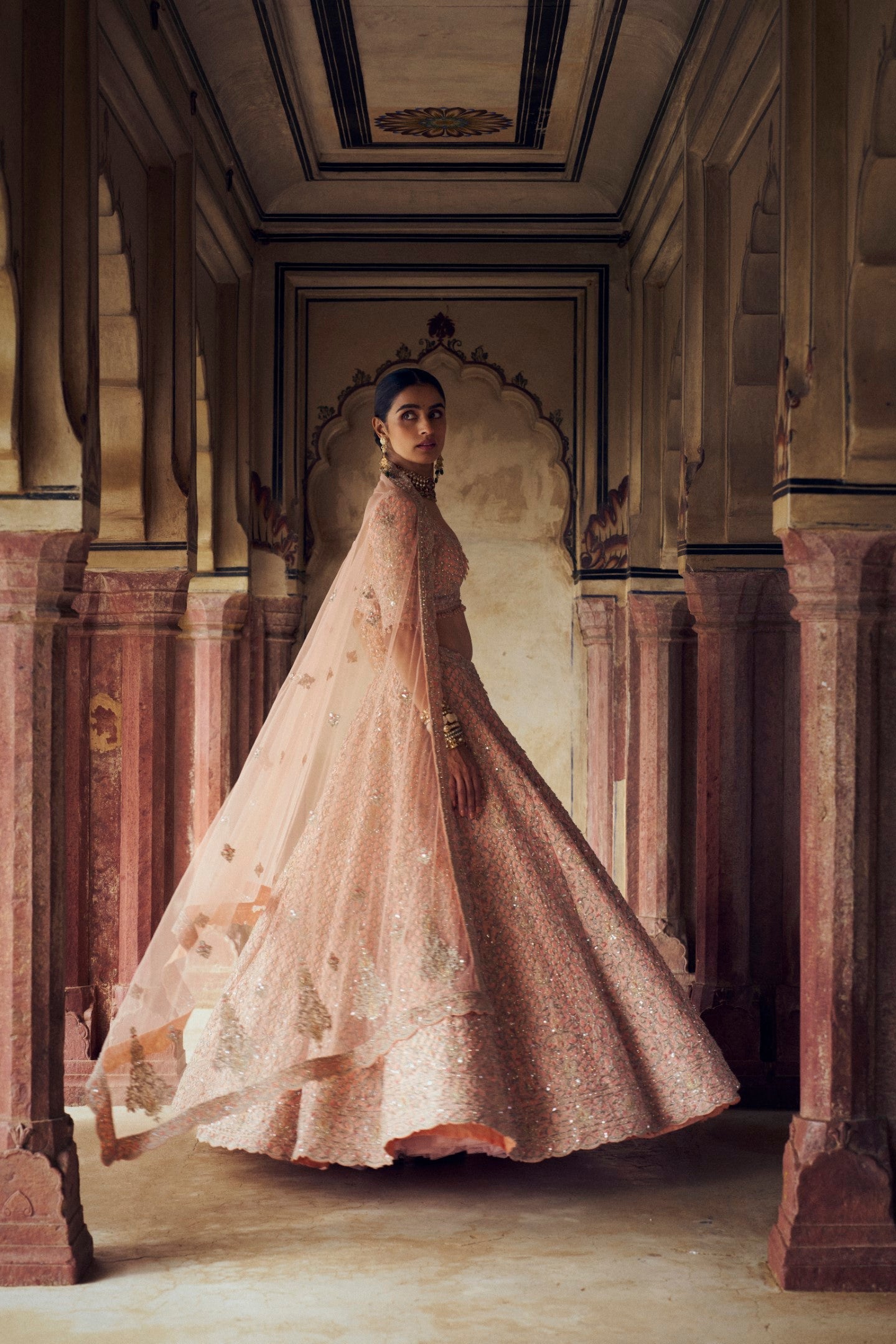 Peach Tafetta Silk Lehenga Choli Set With A Tulle Dupatta