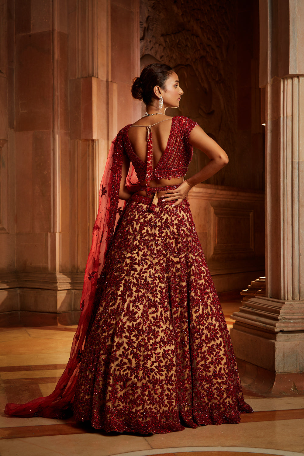 Nude Tulle Lehenga Choli With Worked Belt And Contrasting Organza Dupatta With An Optional Tulle Veil