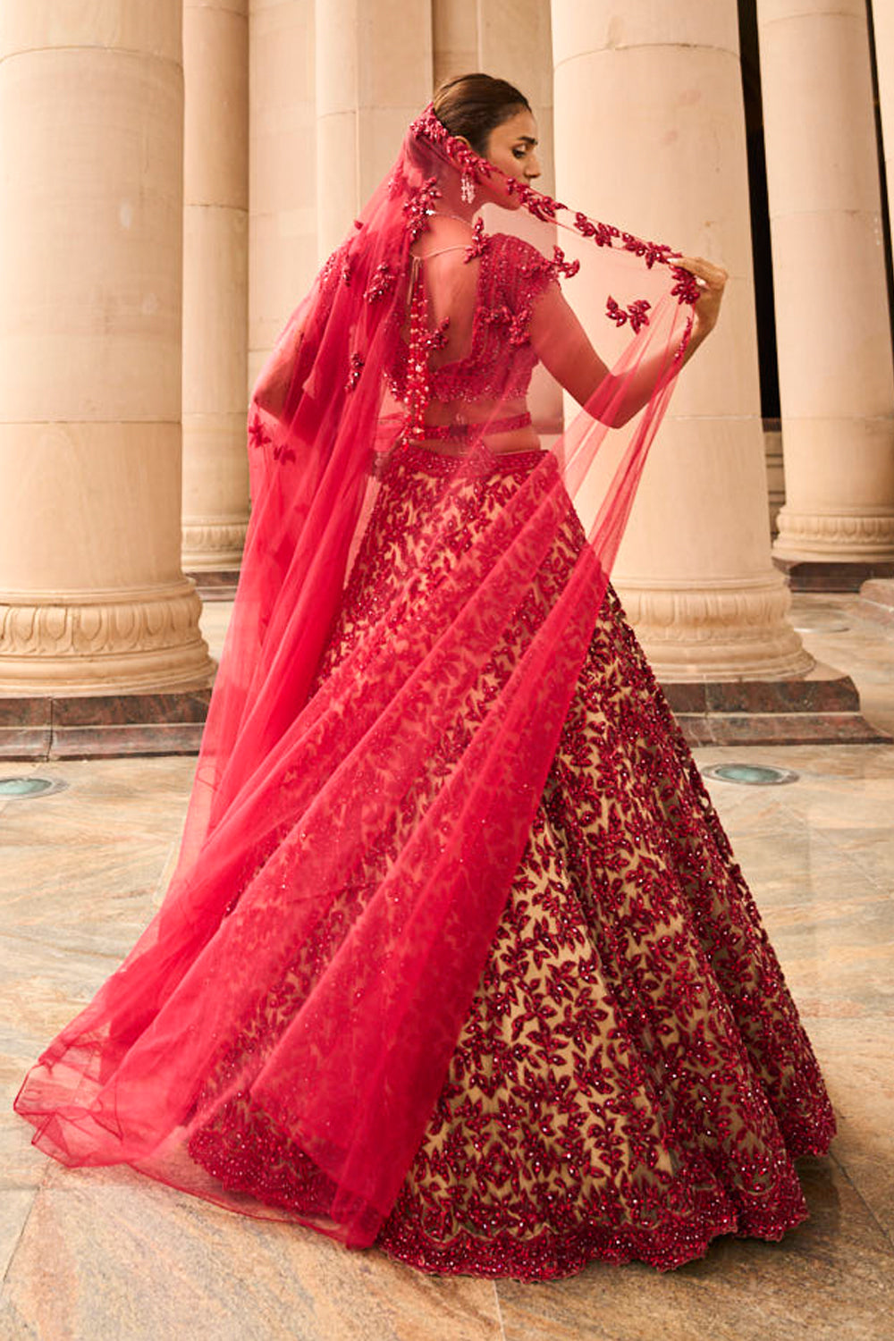 Nude Tulle Lehenga Choli With Worked Belt And Contrasting Organza Dupatta With An Optional Tulle Veil