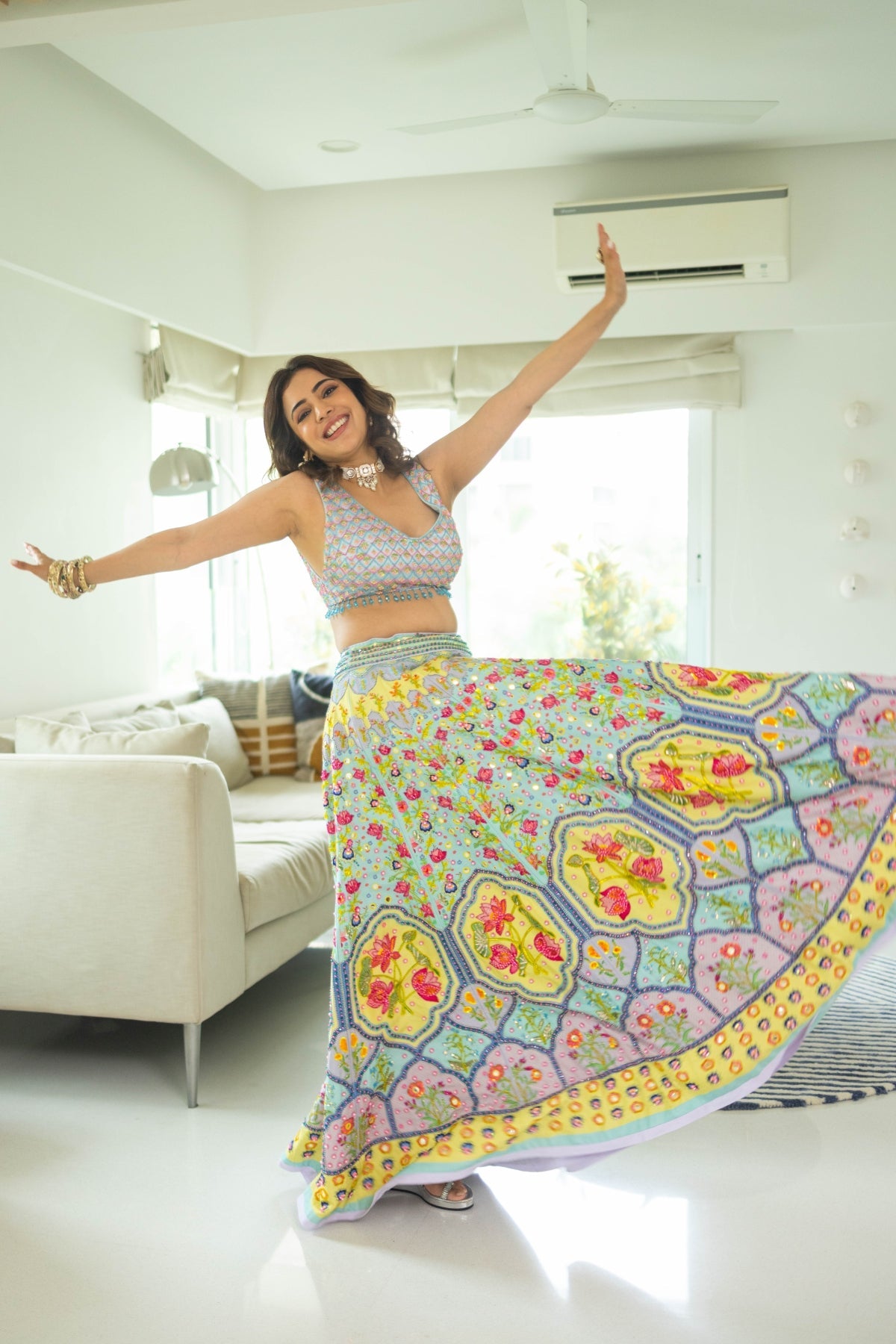Nisha Aggarwal In Tiffany Blue Print & Embroidered Lehenga Set
