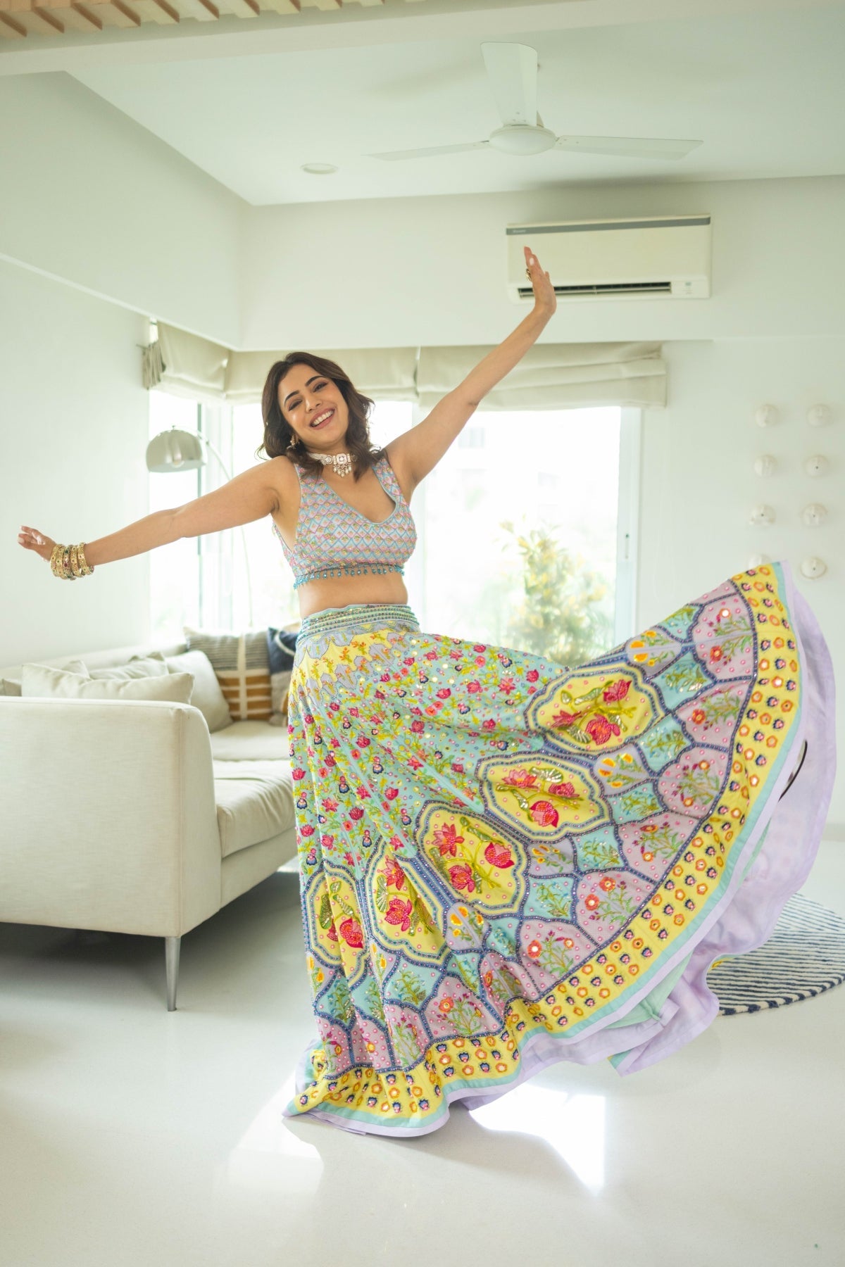 Nisha Aggarwal In Tiffany Blue Print & Embroidered Lehenga Set