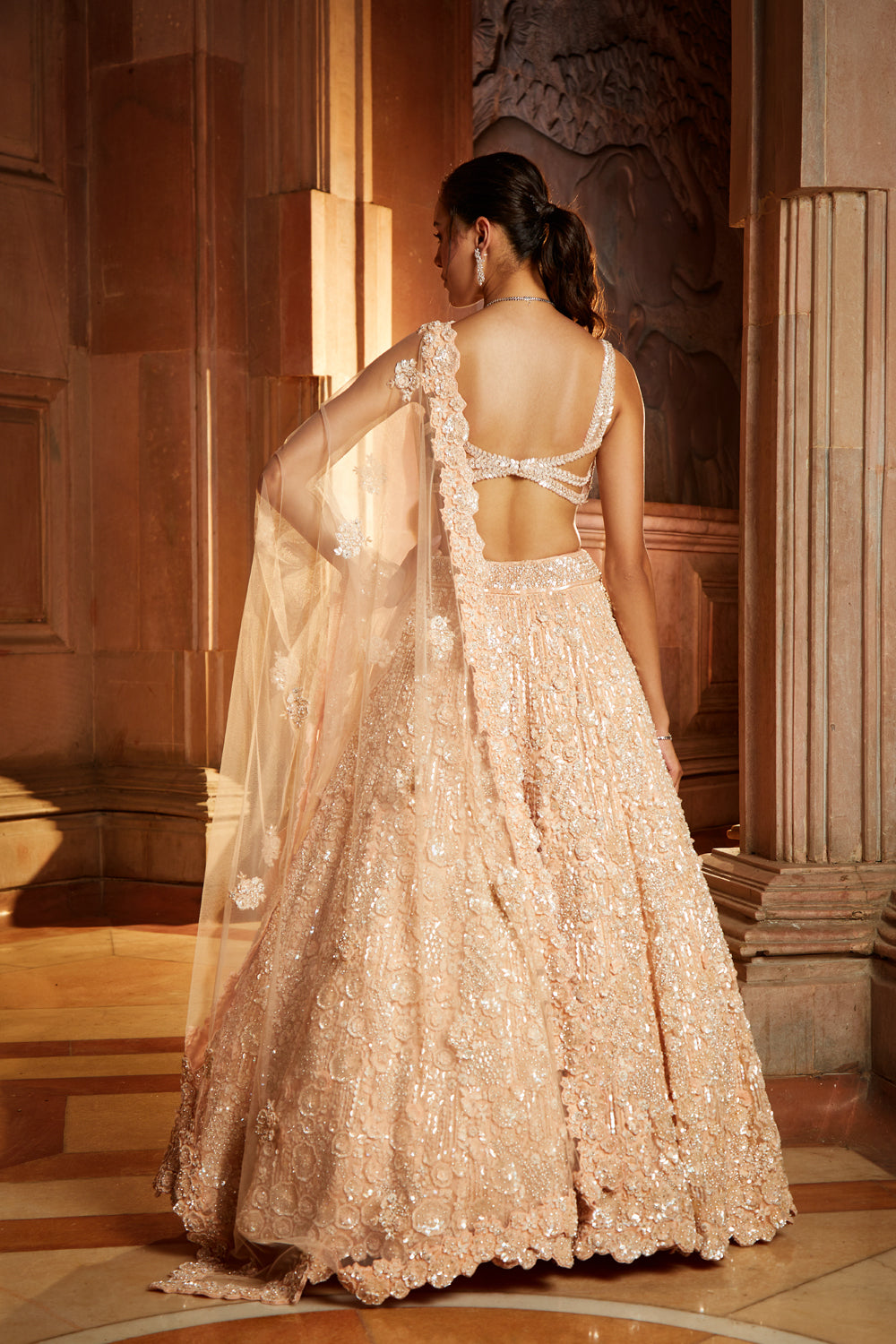 Peach Tulle Lehenga Choli Dupatta Set