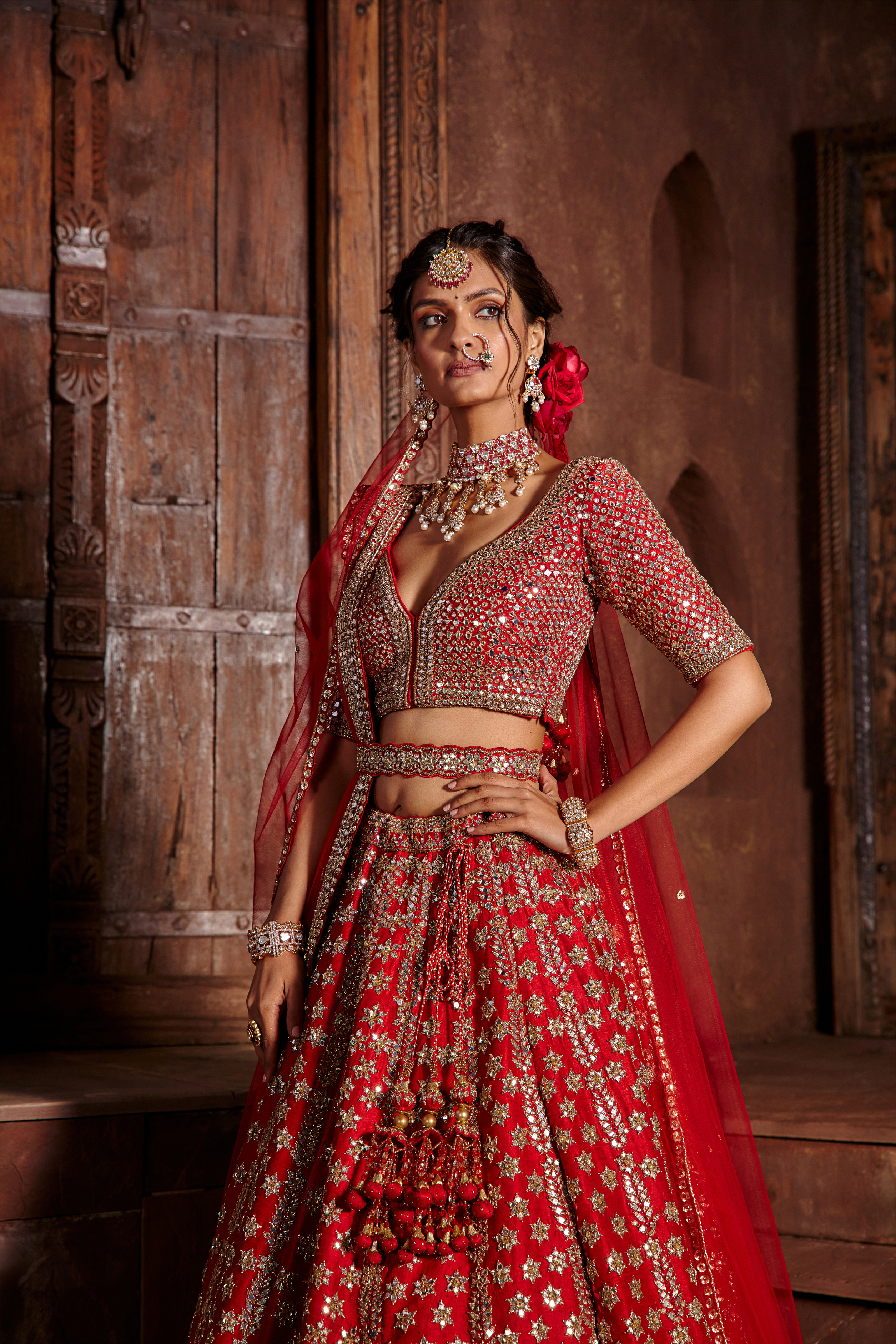 Red Raw Silk Lehenga Set