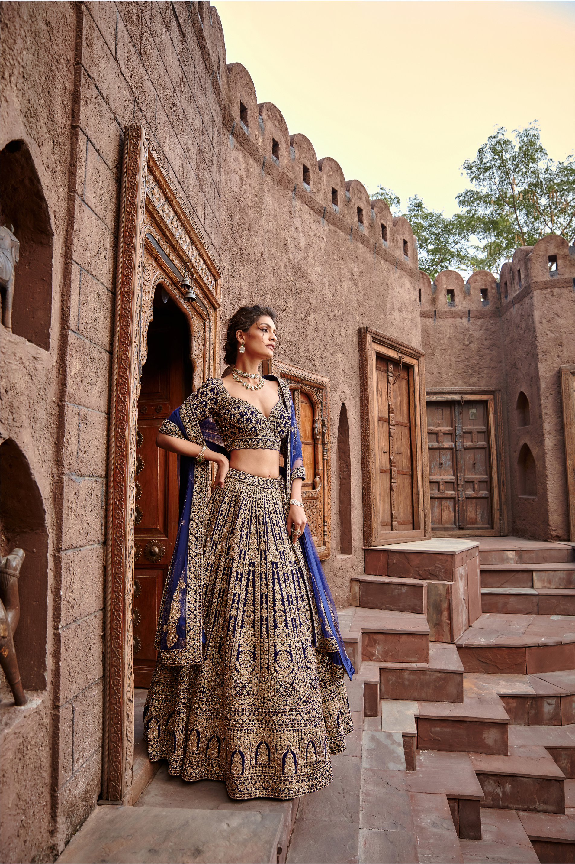 Navy Velvet Lehenga Set With Dori Work