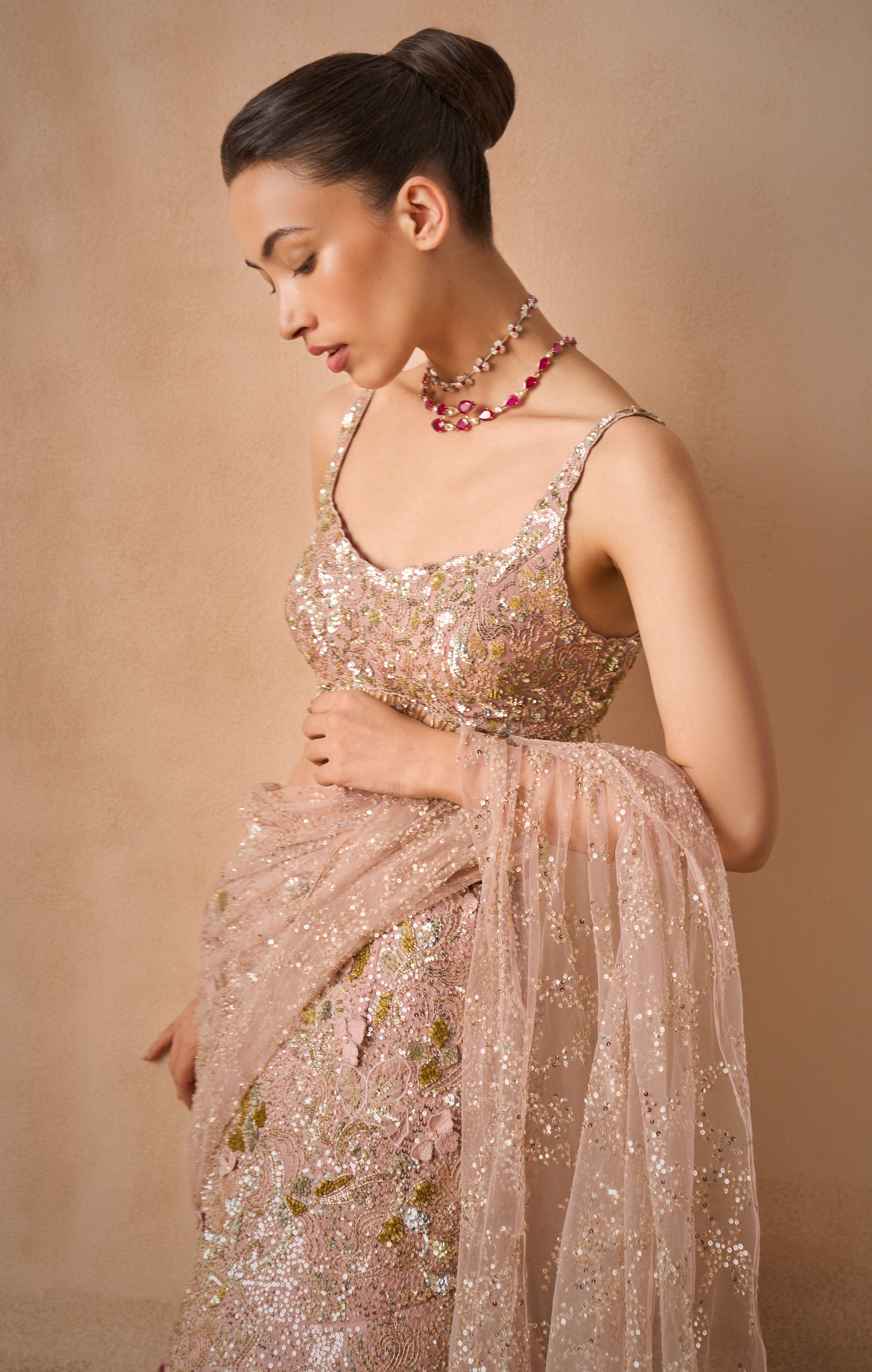 Rose Pink Georgette Sparkle Drape Lehenga Set